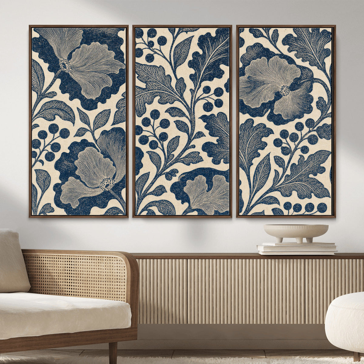 23824002-MGV-CV-36X24 - William Morris Style Navy Blue Floral Wall Art Canvas Print, Vintage Cream Botanical Painting Print