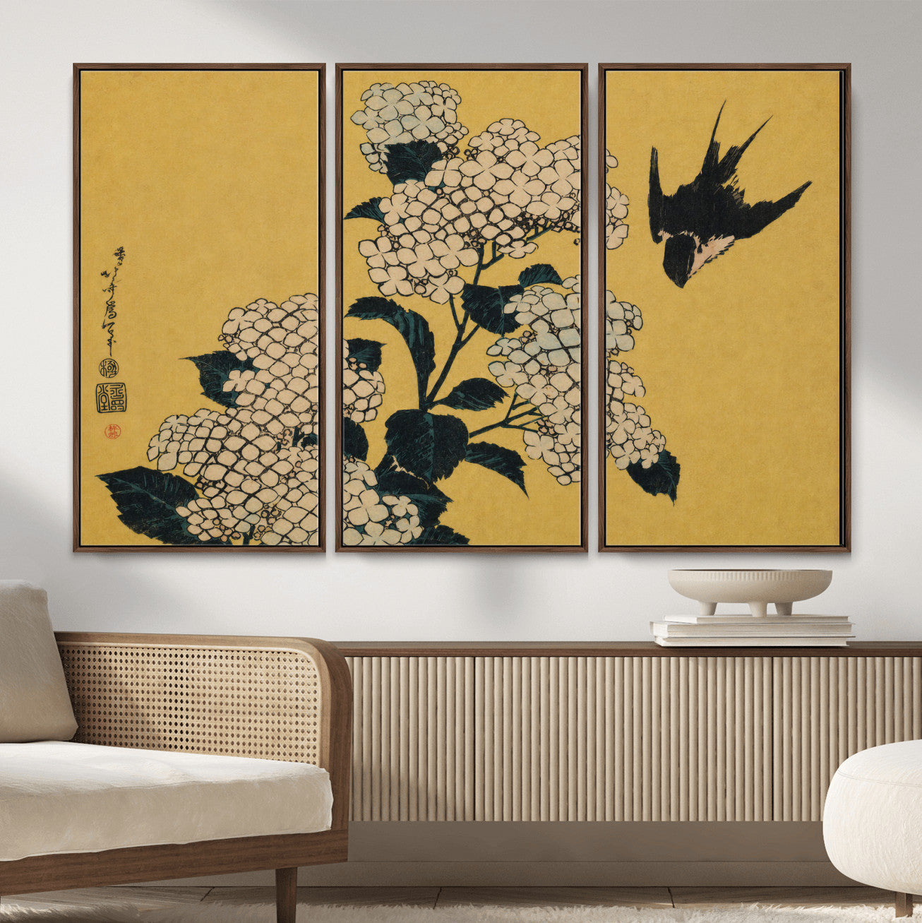 92483501-MGV-CV-36X24 - Katsushika Hokusai Hydrangea and Swallow Wall Art Canvas Print, Japanese Woodblock Painting Print