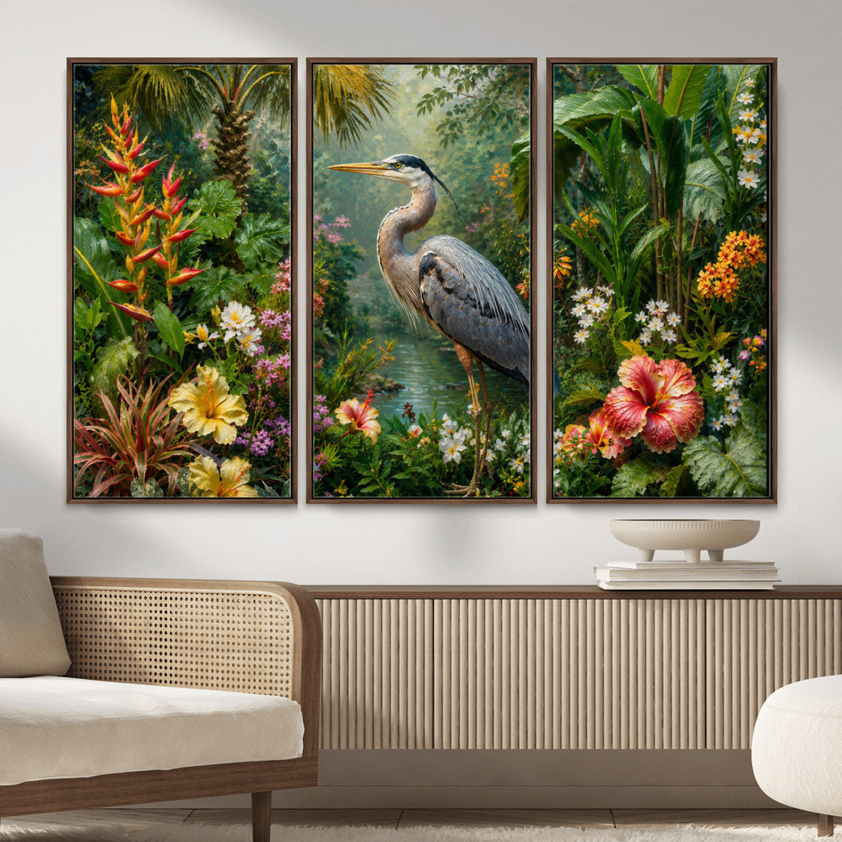 81059387-MGV-CV-36X24 - Great Blue Heron Tropical Jungle Wall Art Canvas Print, Exotic Botanical Garden Painting Print