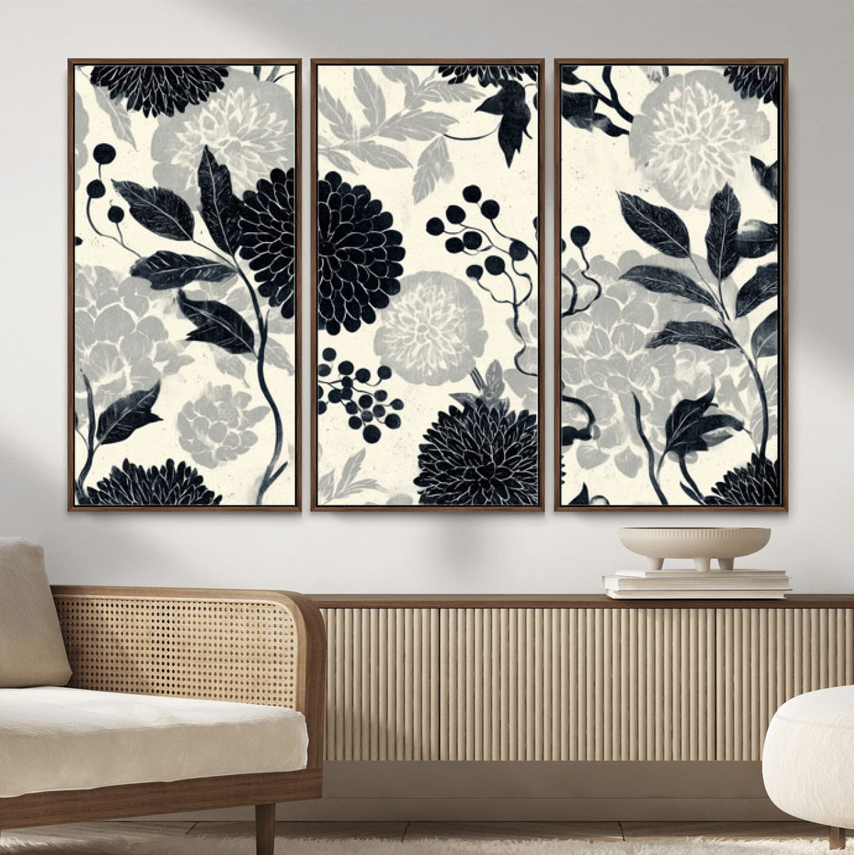 61524791-MGV-CV-36X24 - Vintage Black Chrysanthemum Wall Art Canvas Print, Monochrome Dhalia Floral Painting Print