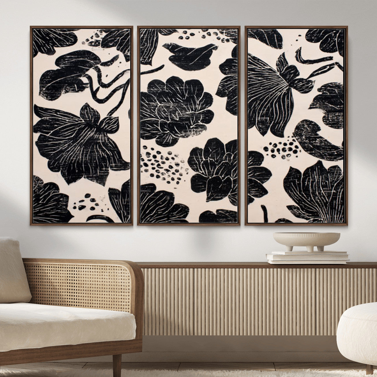 81787117-MGV-CV-36X24 - Linocut Black Lotus Floral Wall Art Canvas Print, Vintage Monochrome Botanical Painting Print