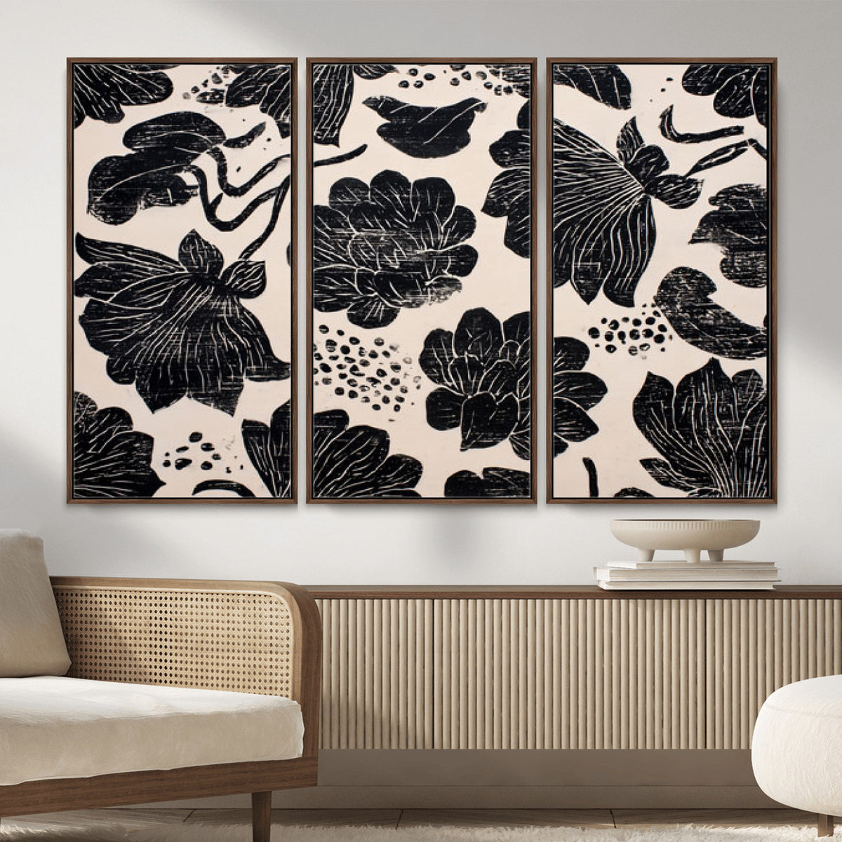 81787117-MGV-CV-36X24 - Linocut Black Lotus Floral Wall Art Canvas Print, Vintage Monochrome Botanical Painting Print