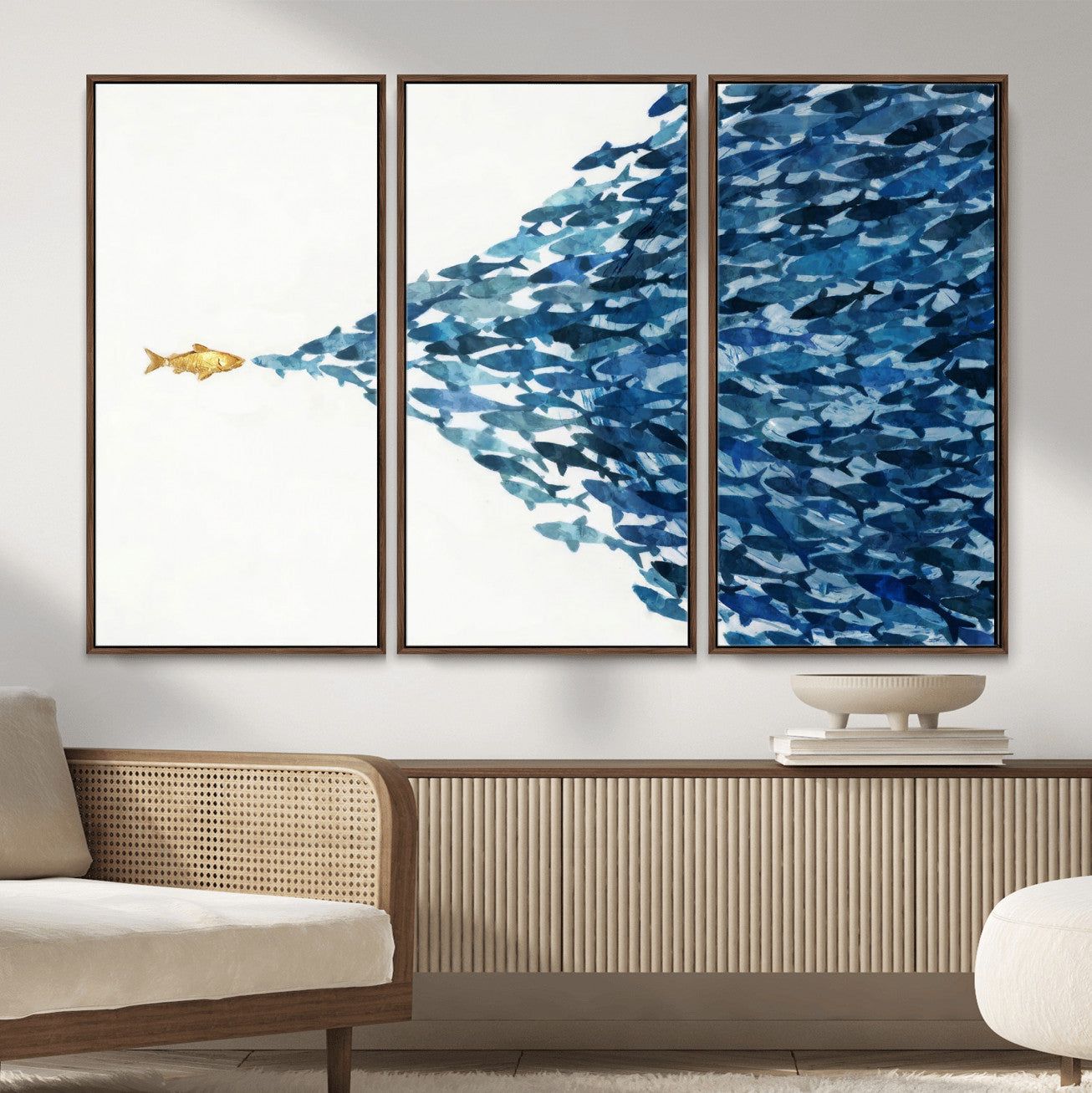 79089639-MGV-CV-36X24 - Abstract Blue Fish School Canvas Wall Art, Gold Foil Accent Marine Print