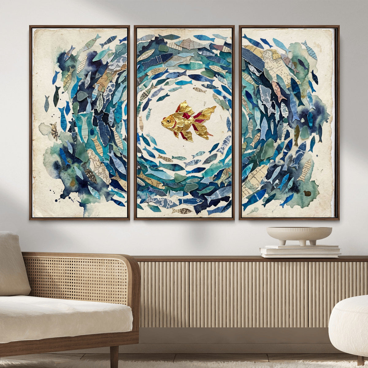 73165663-MGV-CV-36X24 - Mixed Media Blue Fish Swirl Canvas Wall Art, Goldfish Collage Ocean Print