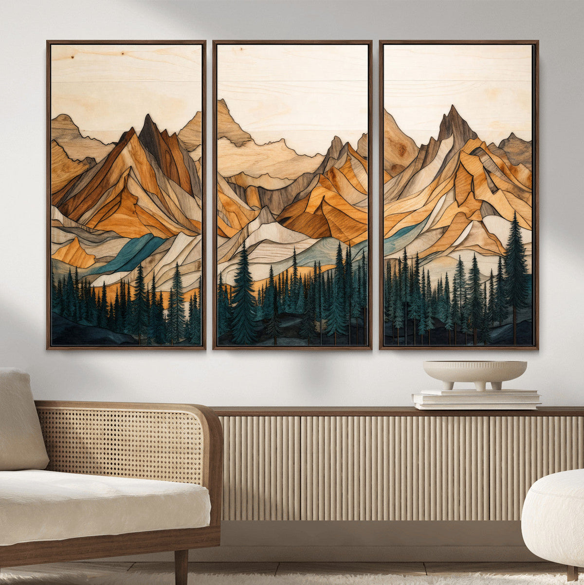 57384313-MGV-CV-48X32-3P - Mountain Landscape Canvas Wall Art with Wood Grain Effect, Golden Peaks and Teal Pine Forest, Framed Cabin Decor