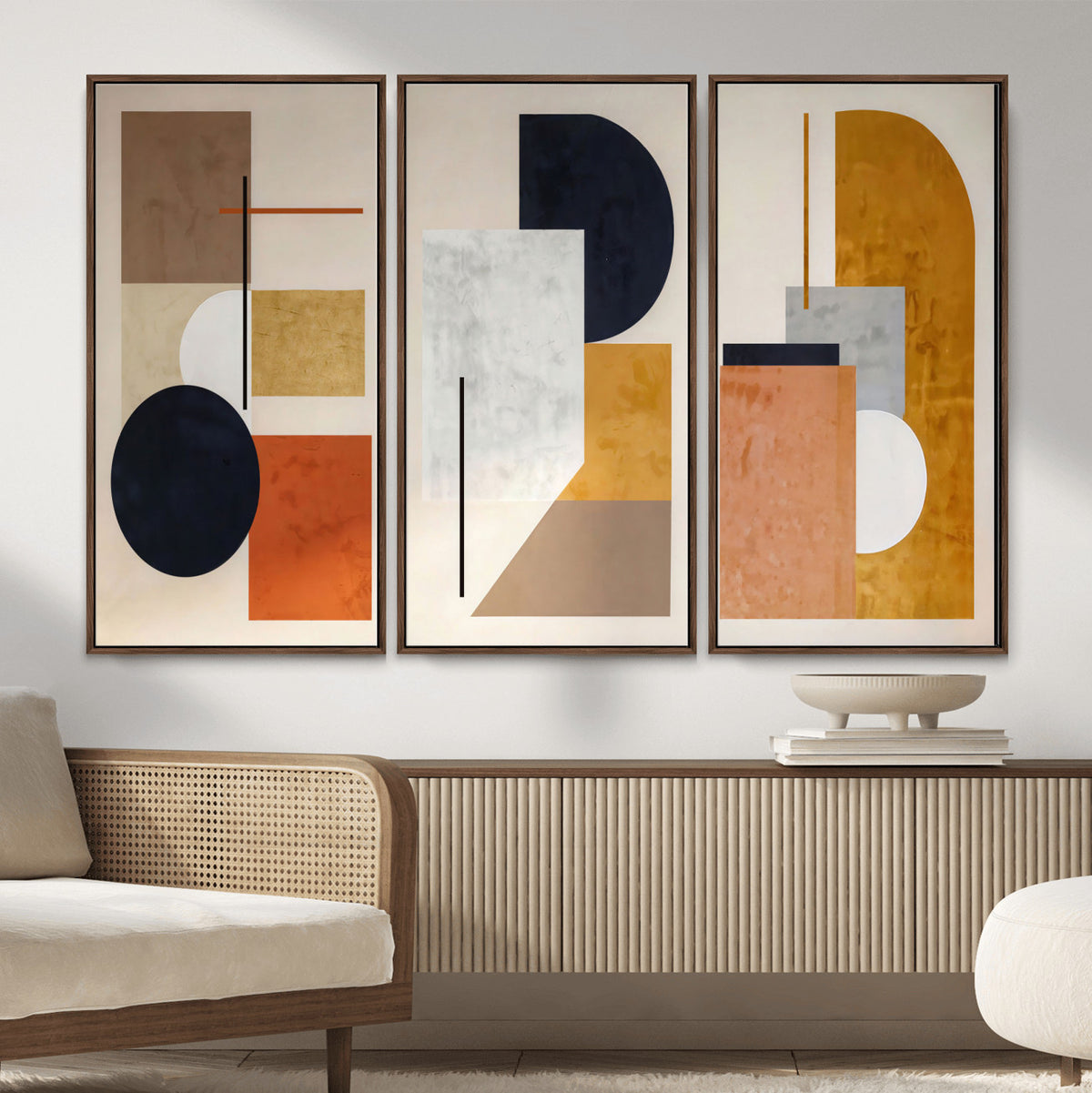87361249-MGV-CV-48X32-3P - Mid Century Modern Geometric Canvas Wall Art, Abstract Triptych Print