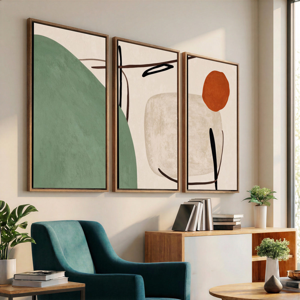 46798824-MGV-CV-48X32-3P - Mid Century Modern Geometric Canvas Wall Art, Abstract Triptych Print