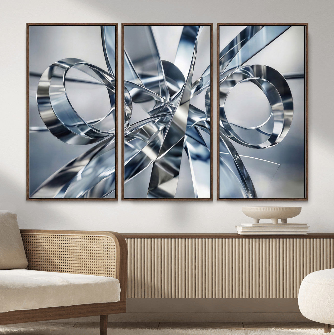 70036312-MGV-CV-36X24 - Modern Chrome Abstract Canvas Wall Art, Futuristic Silver Metallic Print