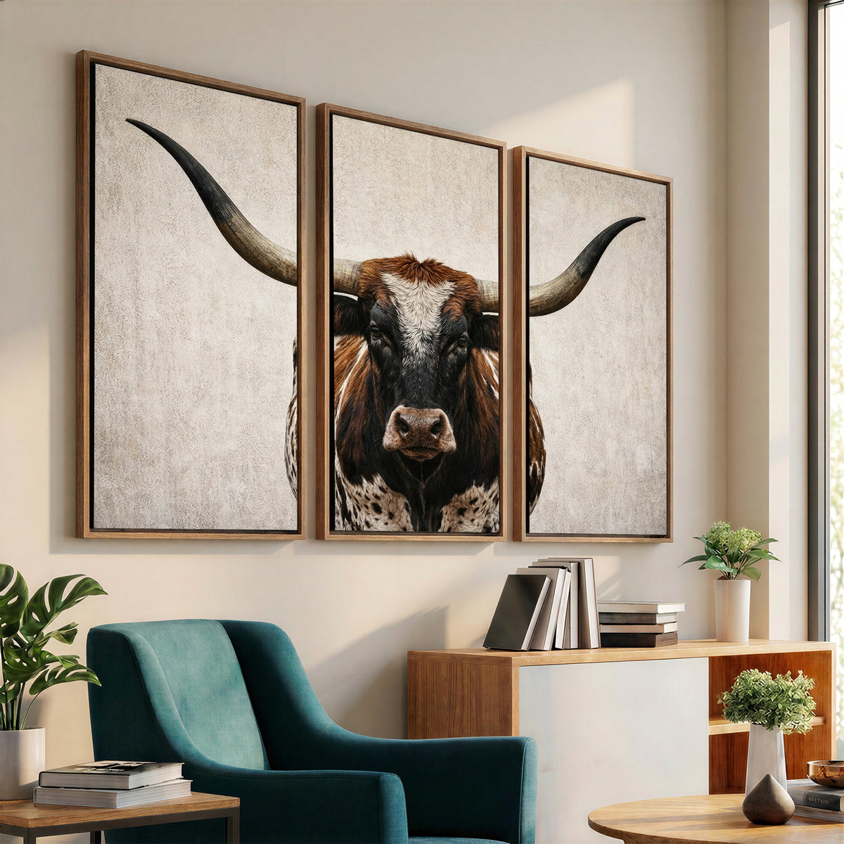 58622065-MGV-CV-36X24 - Texas Longhorn Canvas Wall Art Western Bull Desert Moody Grey Overcast Rustic Farmhouse Framed Large for Living Room Bedroom Office Decor