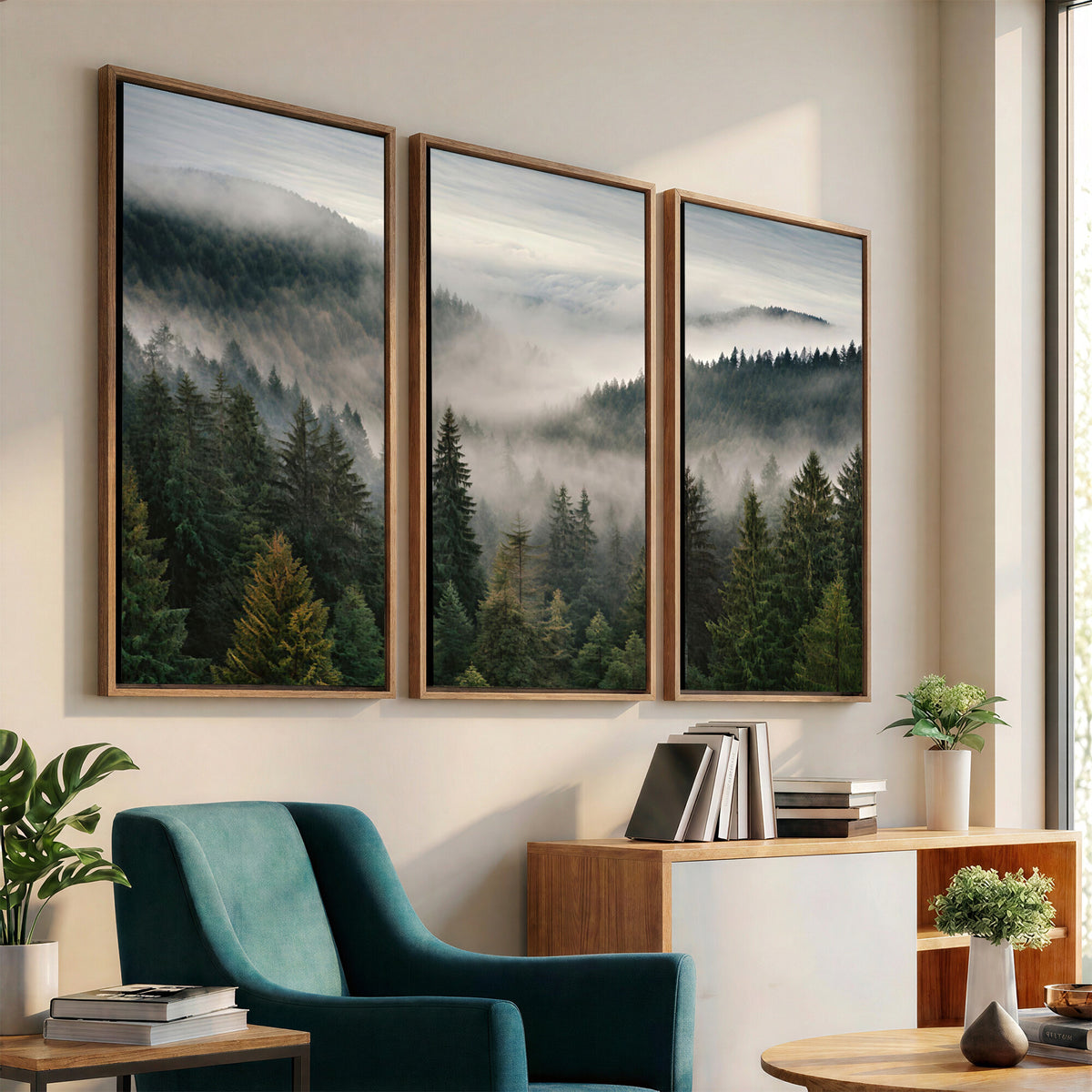 38409495-_Poster-30x20 - Misty Pine Valley Mountain Canvas Print 3 Piece Framed Wall Art Extra Large Floating Frame Nature Poster Made in USA