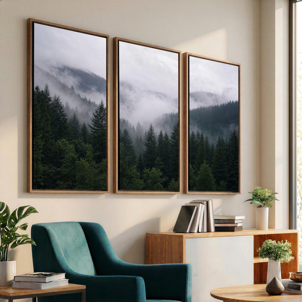 25432119-_Poster-30x20 - Misty Mountain Pine Forest Canvas Print 3 Piece Framed Wall Art Extra Large Floating Frame Nature Poster Made in USA