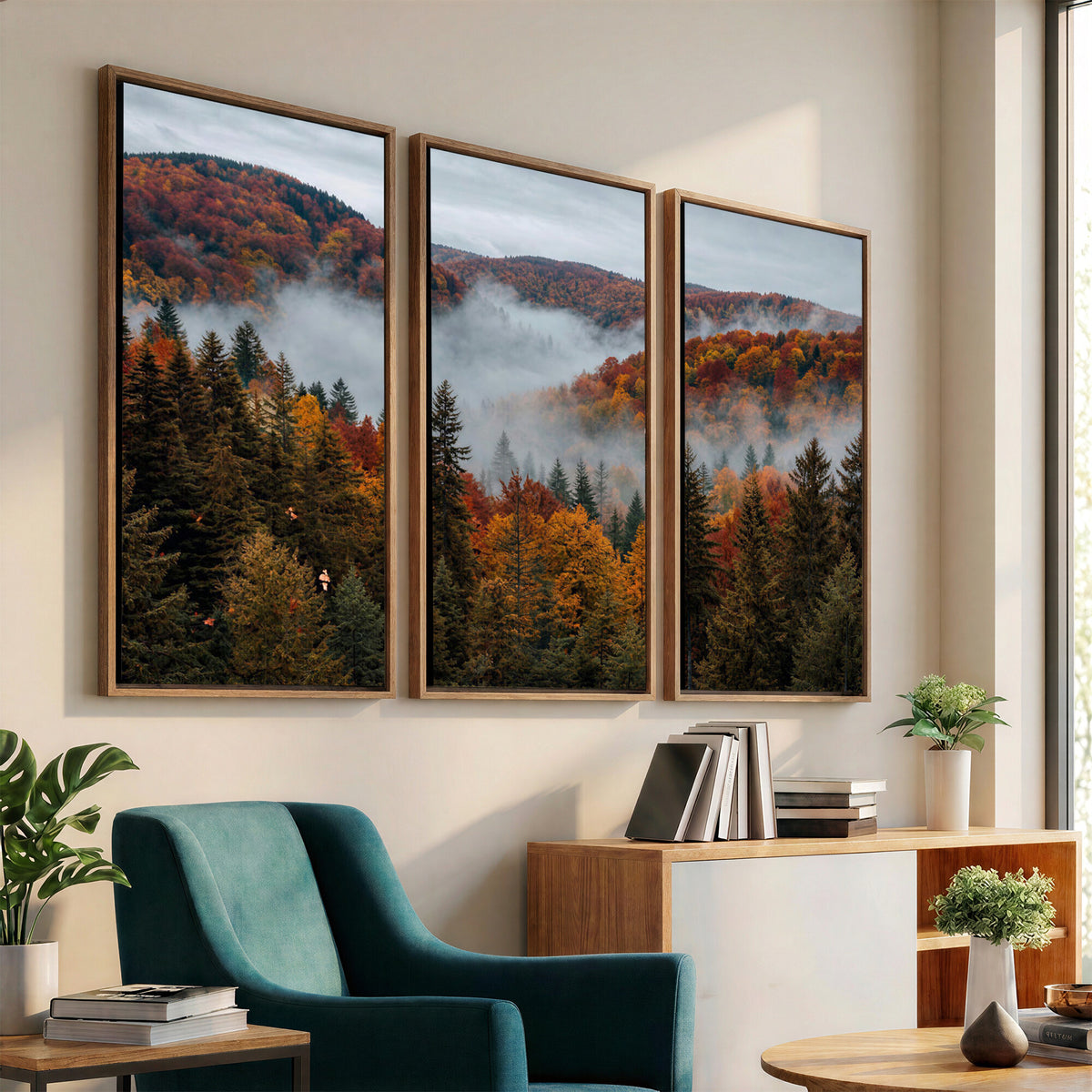 26686263-_Poster-30x20 - Misty Autumn Forest Mountain Canvas Print 3 Panel Wall Art Gallery Wrapped Floating Frame Poster Made in USA