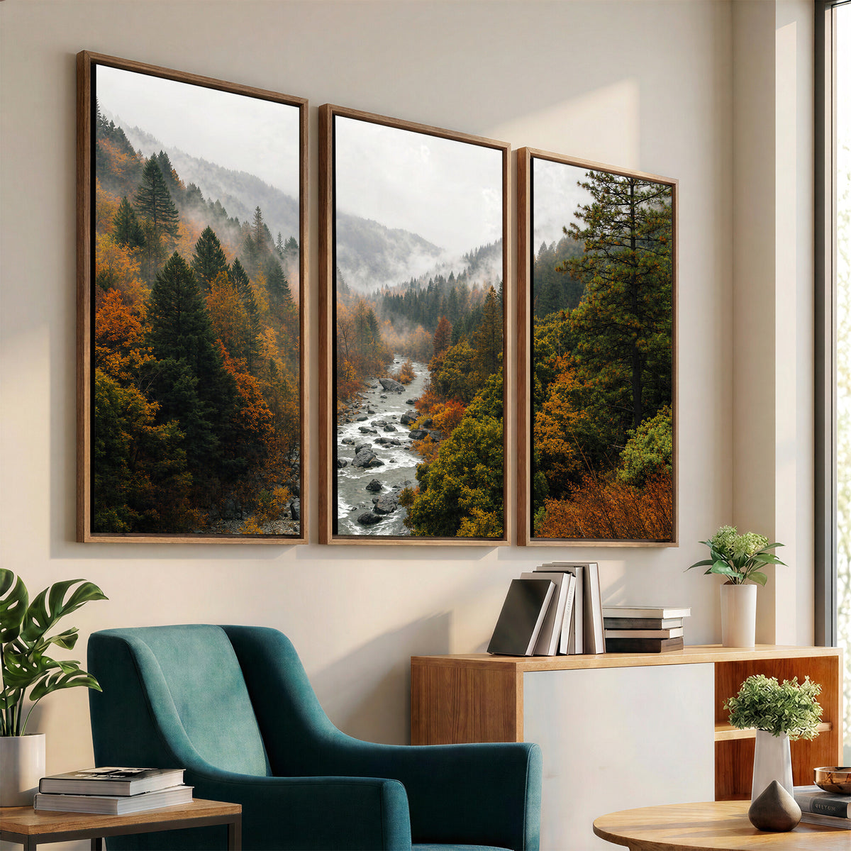 95540697-MGV-TP-30X20 - Misty River Mountain Valley Canvas Wall Art - Autumn Forest Landscape Nature Print