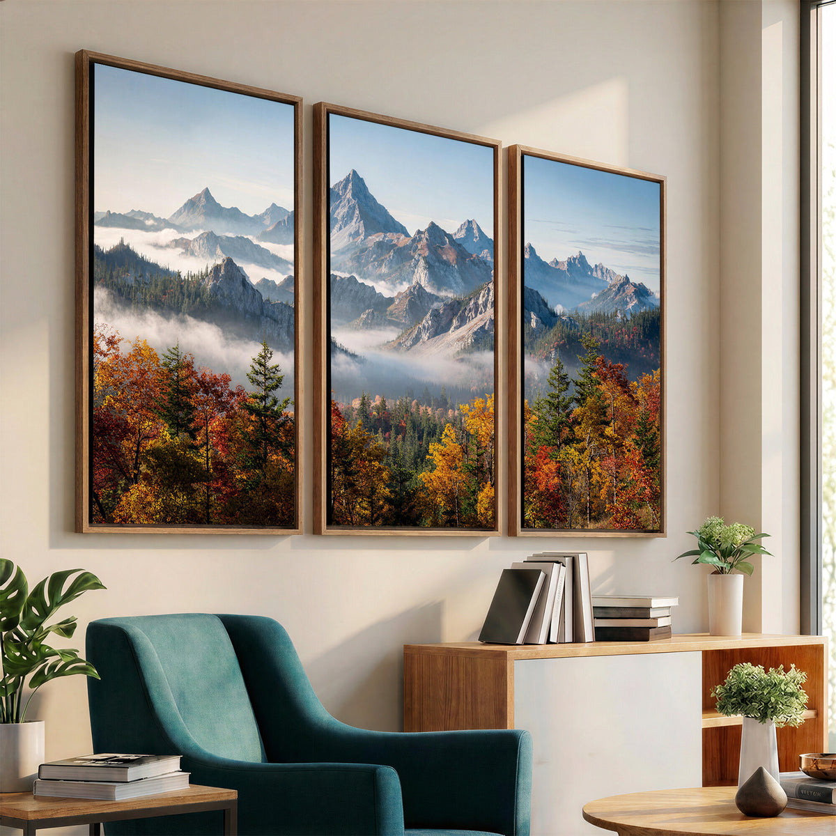 38847944-MGV-TP-30X20 - Majestic Mountain Peak Canvas Wall Art - Panoramic Autumn Forest Fog Landscape Print