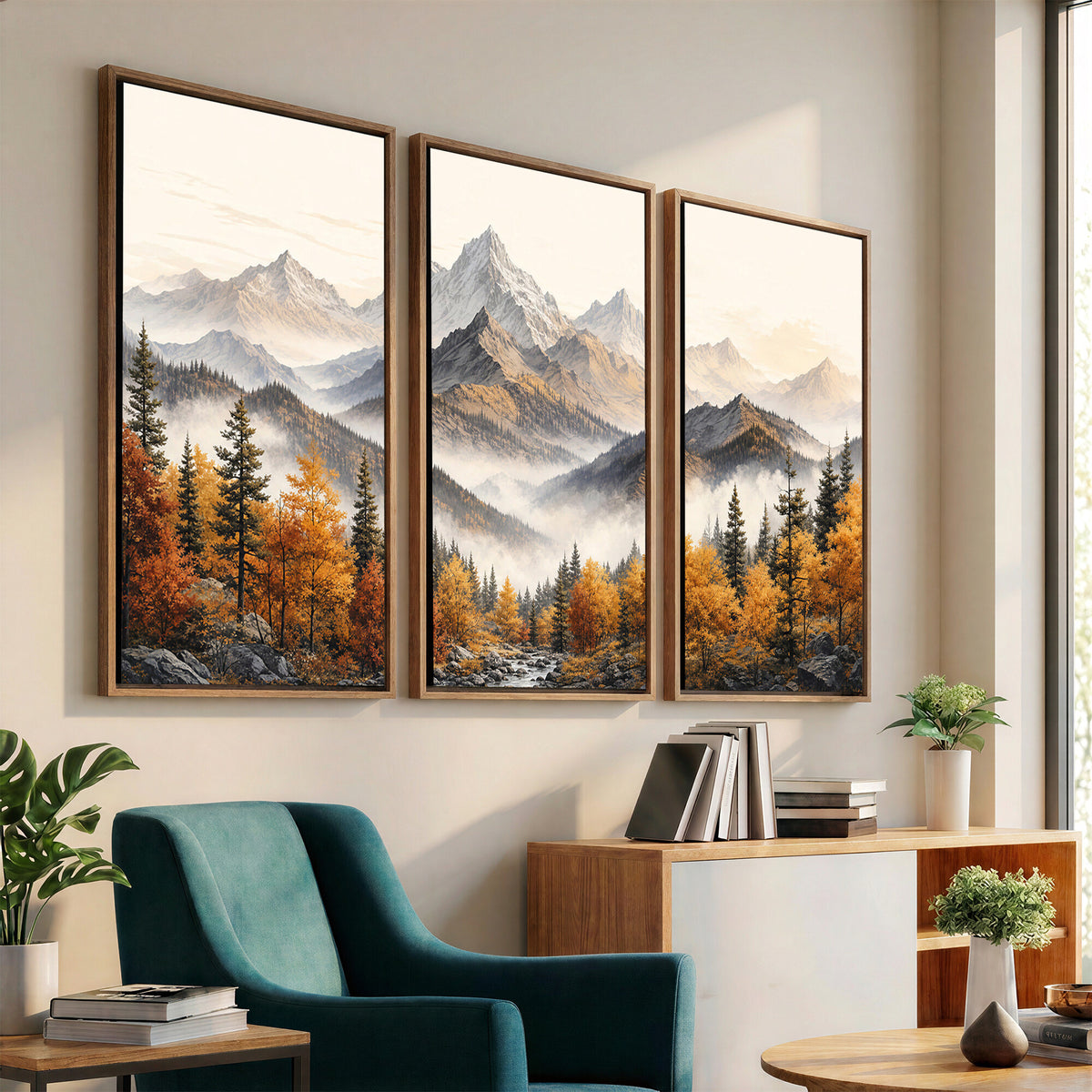 21309099-MGV-TP-30X20 - Extra Large Misty Mountain Autumn Forest Canvas Wall Art - Watercolor Fall Nature Landscape Print
