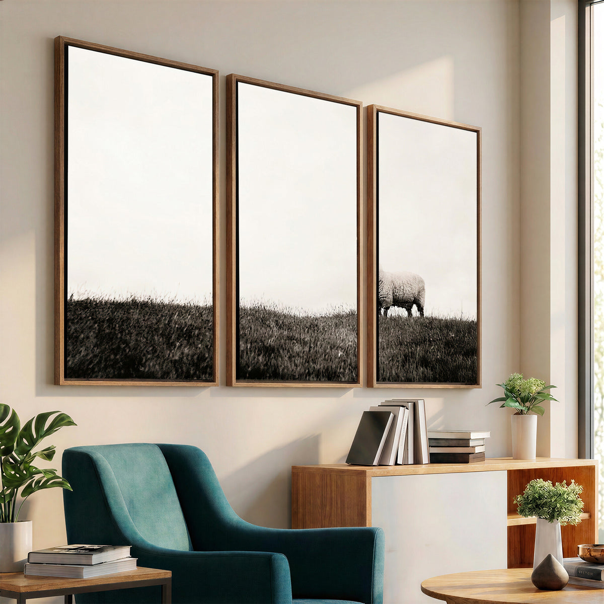 72749448-MGV-TP-30X20 - Minimalist Sepia Sheep Canvas Wall Art - Rustic Farmhouse Country Landscape Print
