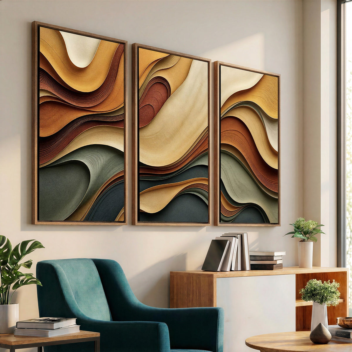 19337902-_Poster-30x20 - Modern Abstract Waves Canvas Wall Art - Minimalist Earthy Tone Living Room Decor