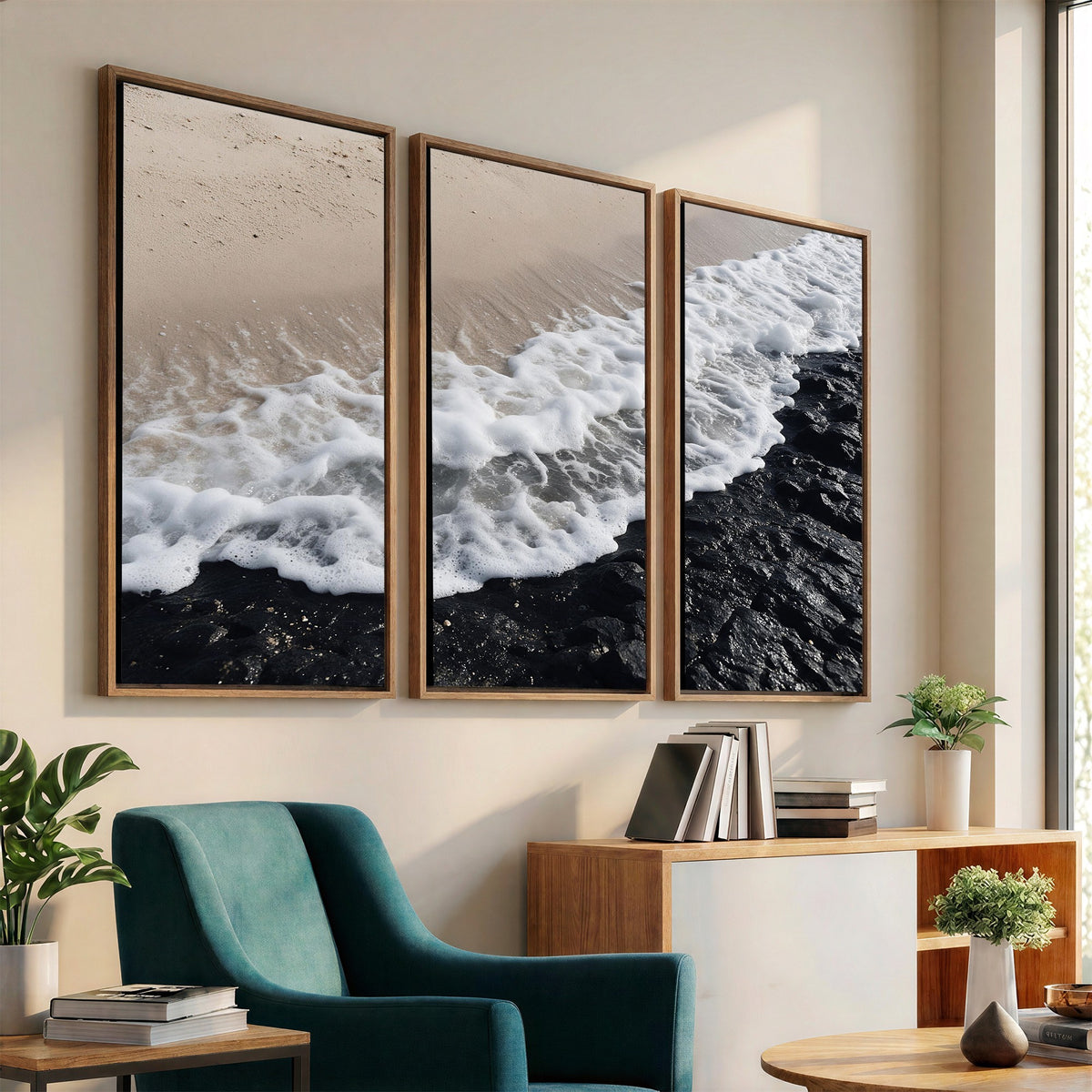 27448606-MGV-CV-24X16 - Ocean Wave Foam on Black Lava Rock Beach Canvas Wall Art Print