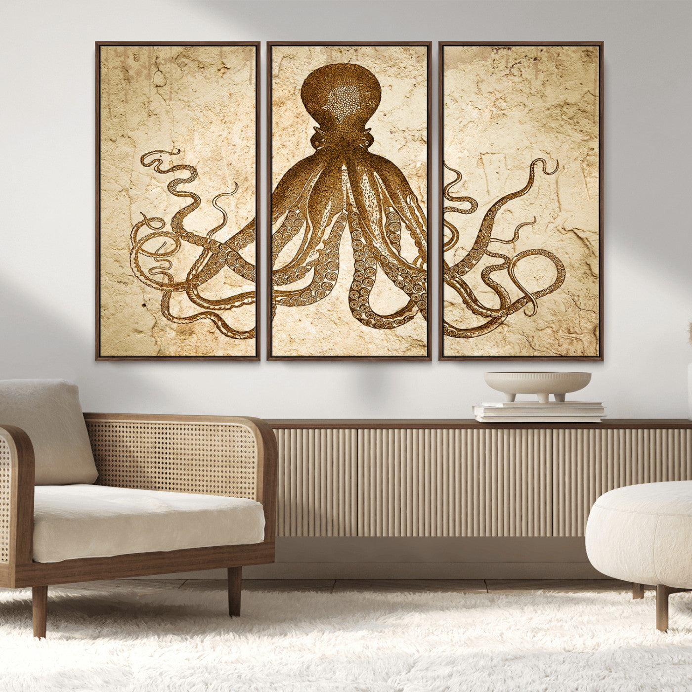 MGV-FC-48X32-3P - Sepia Octopus Wall Art Abstract Animal Canvas Print