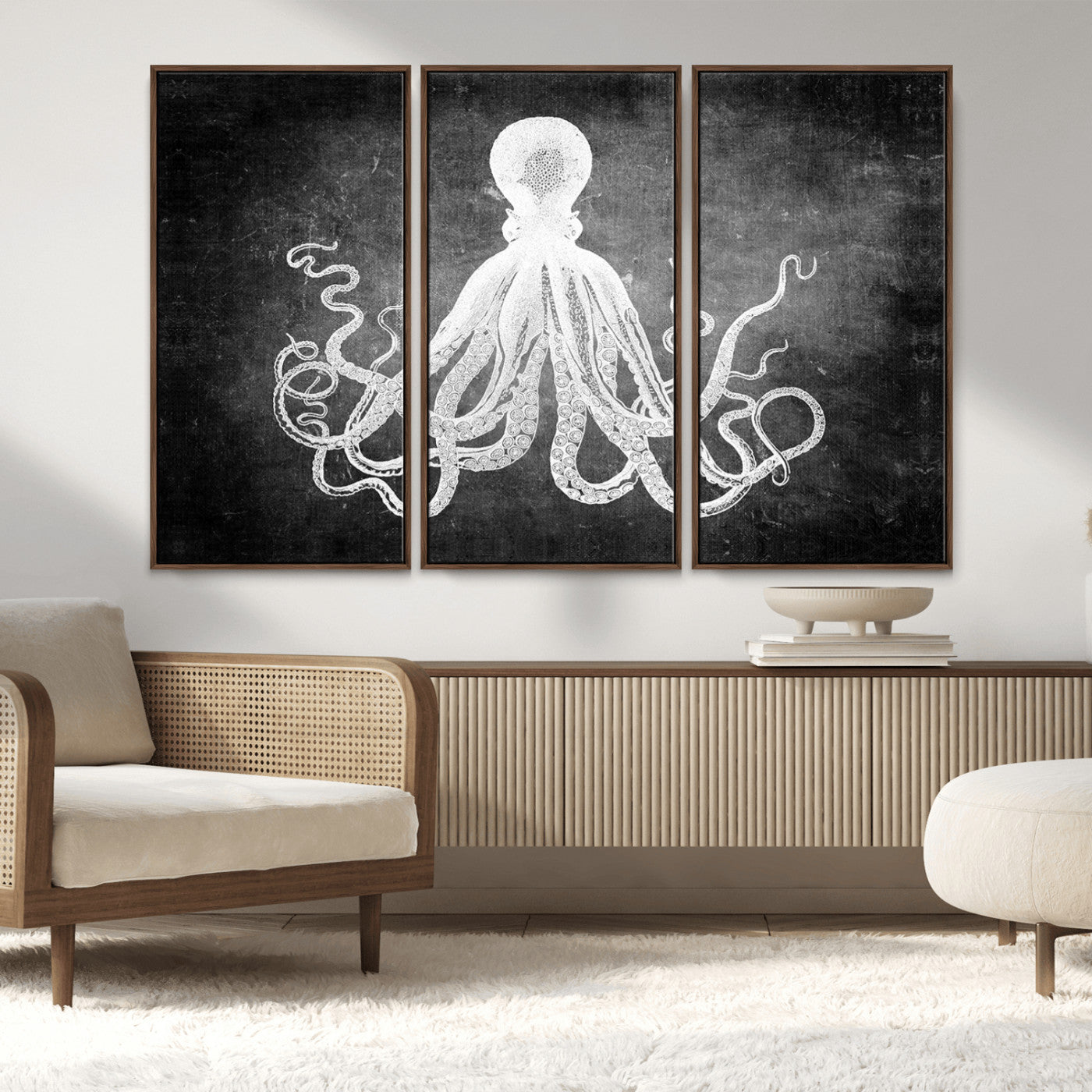 MGV-FC-48X32-3P - Black White Octopus Wall Art Canvas Print