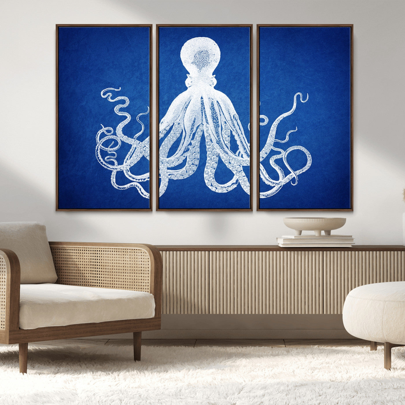 MGV-FC-48X32-3P - Large 3-Panel Blue Octopus Canvas Wall Art | Coastal Marine Life Artwork for Living Room, Bedroom,