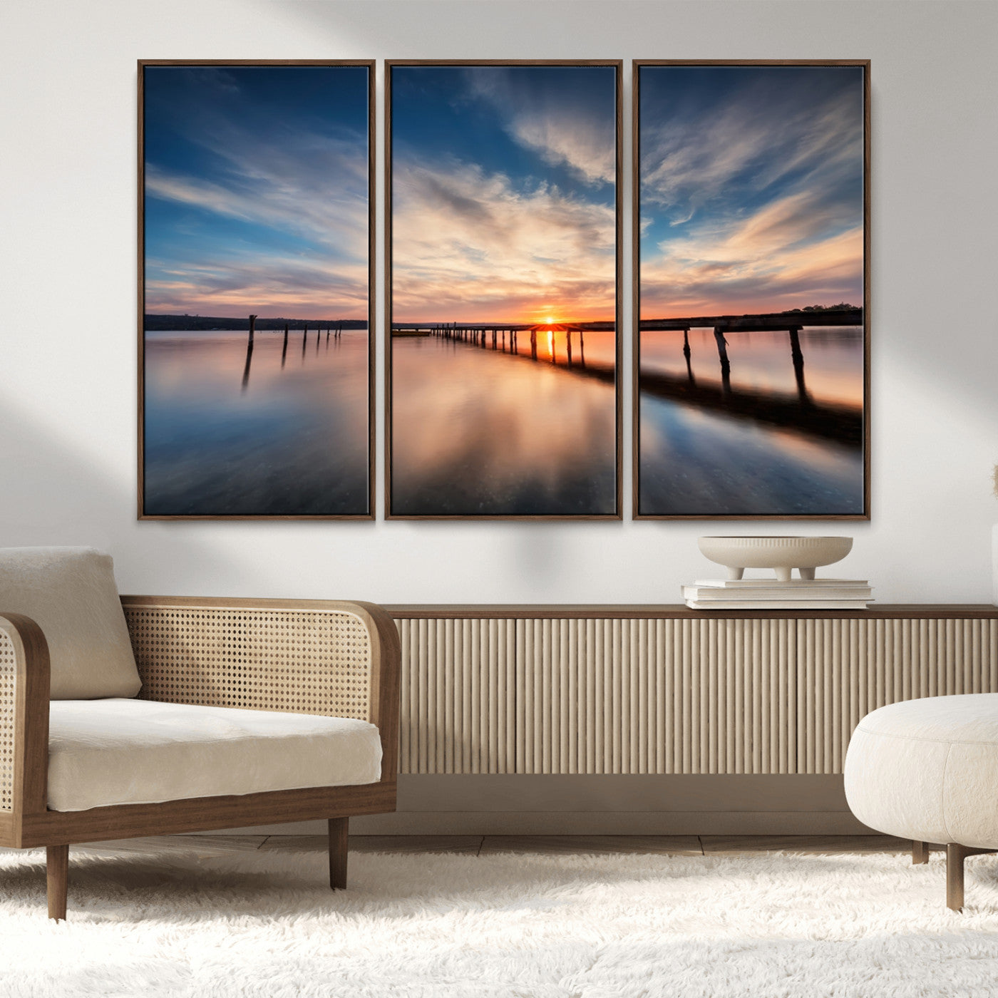 MGV-FC-48X32-3P - Wooden Pier on Seascape and Sunset Wall Art Canvas Print