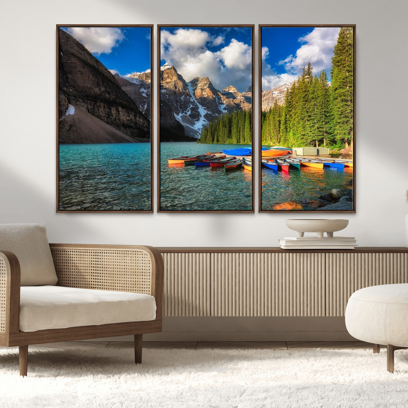 MGV-FC-48X32-3P - Moraine Lake 3-Panel Wall Art, Majestic Mountain and Lake Landscape Canvas Print Canoes on Moraine