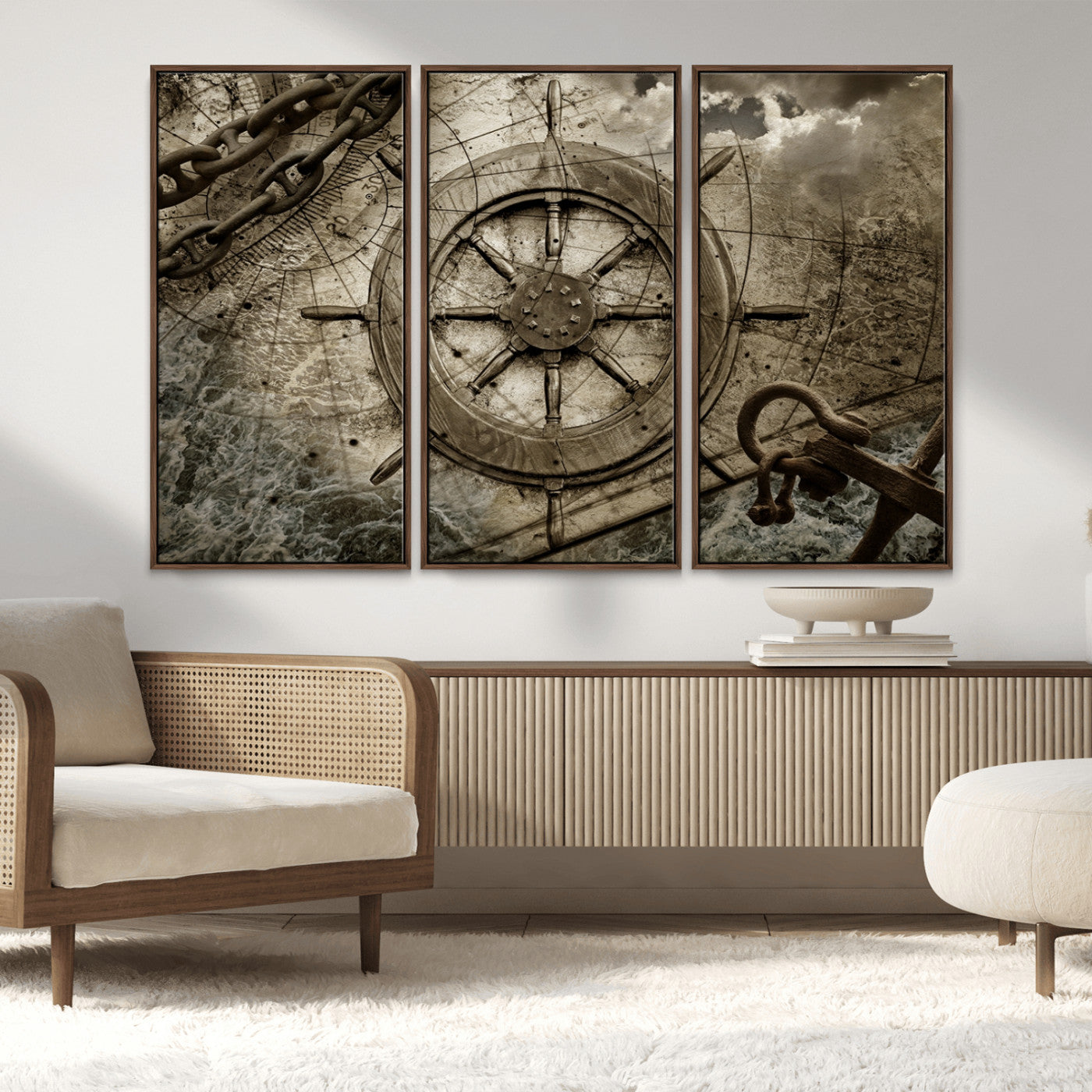 MGV-FC-48X32-3P - Wooden Ship Wheel Canvas Print, Multi Panel Canvas Wall Art Print