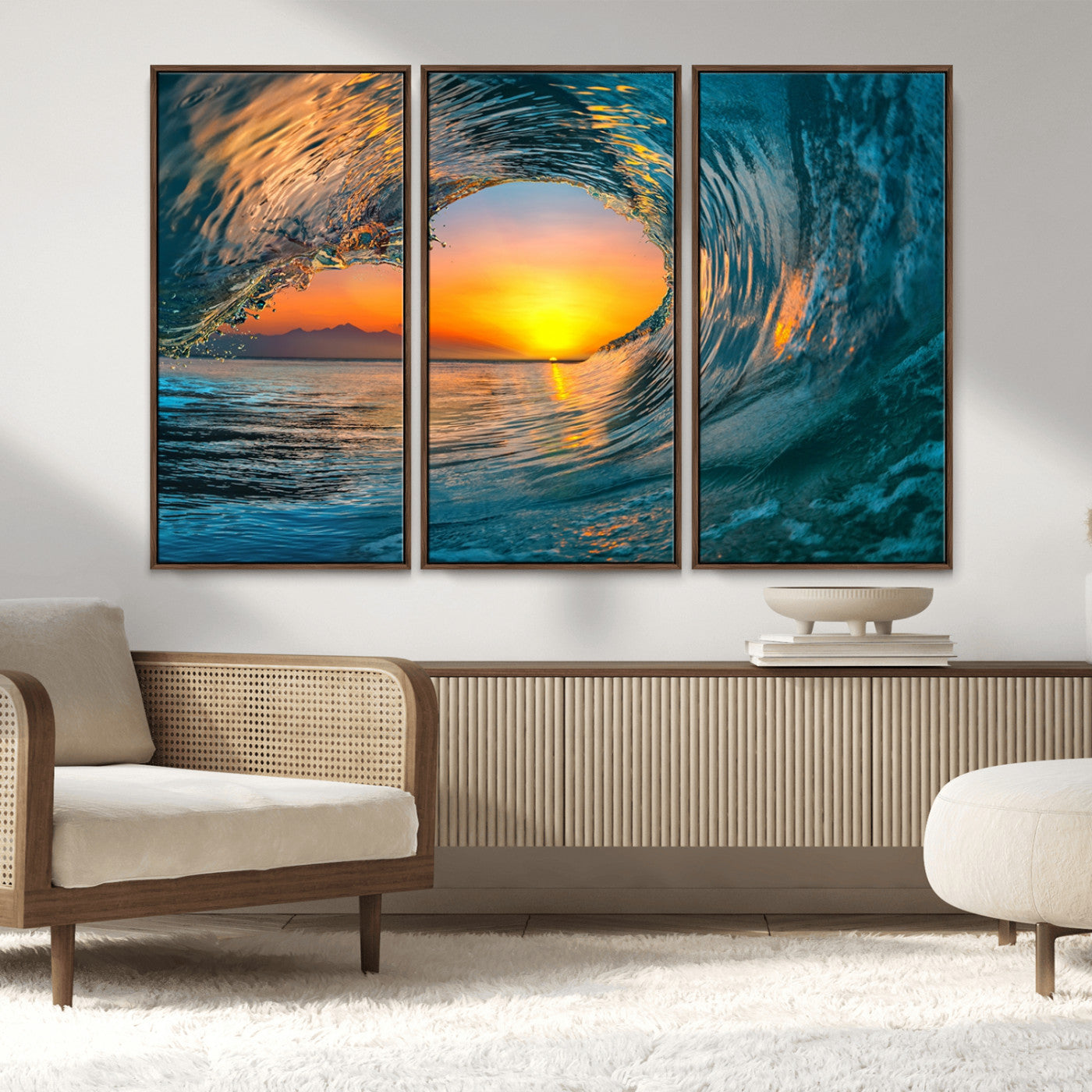 MGV-FC-48X32-3P - Ocean Wave Sunset Wall Art | Large Coastal Wave Canvas Print | 3-Panel Ocean Sunset Seascape for