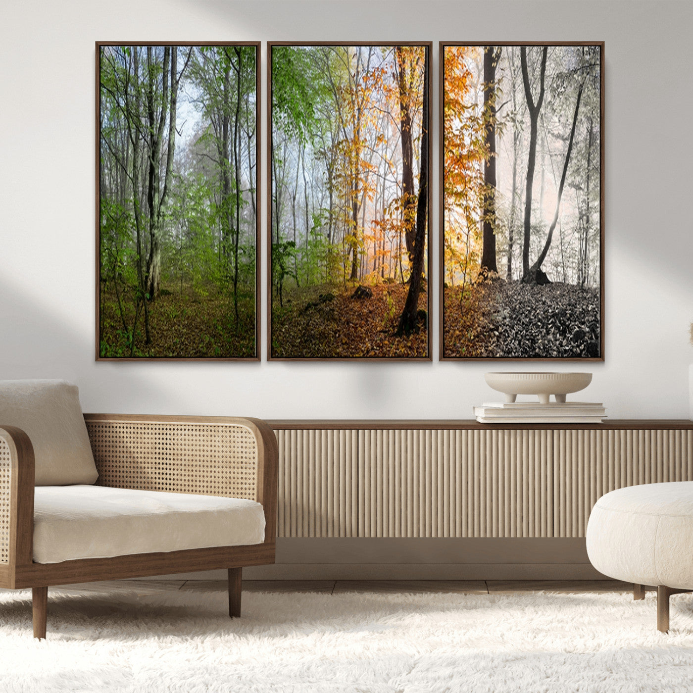 MGV-FC-48X32-3P - Four Seasons Wall Art Forest Canvas Print – Triptych Seasonal Nature Print – Landscape Decor for