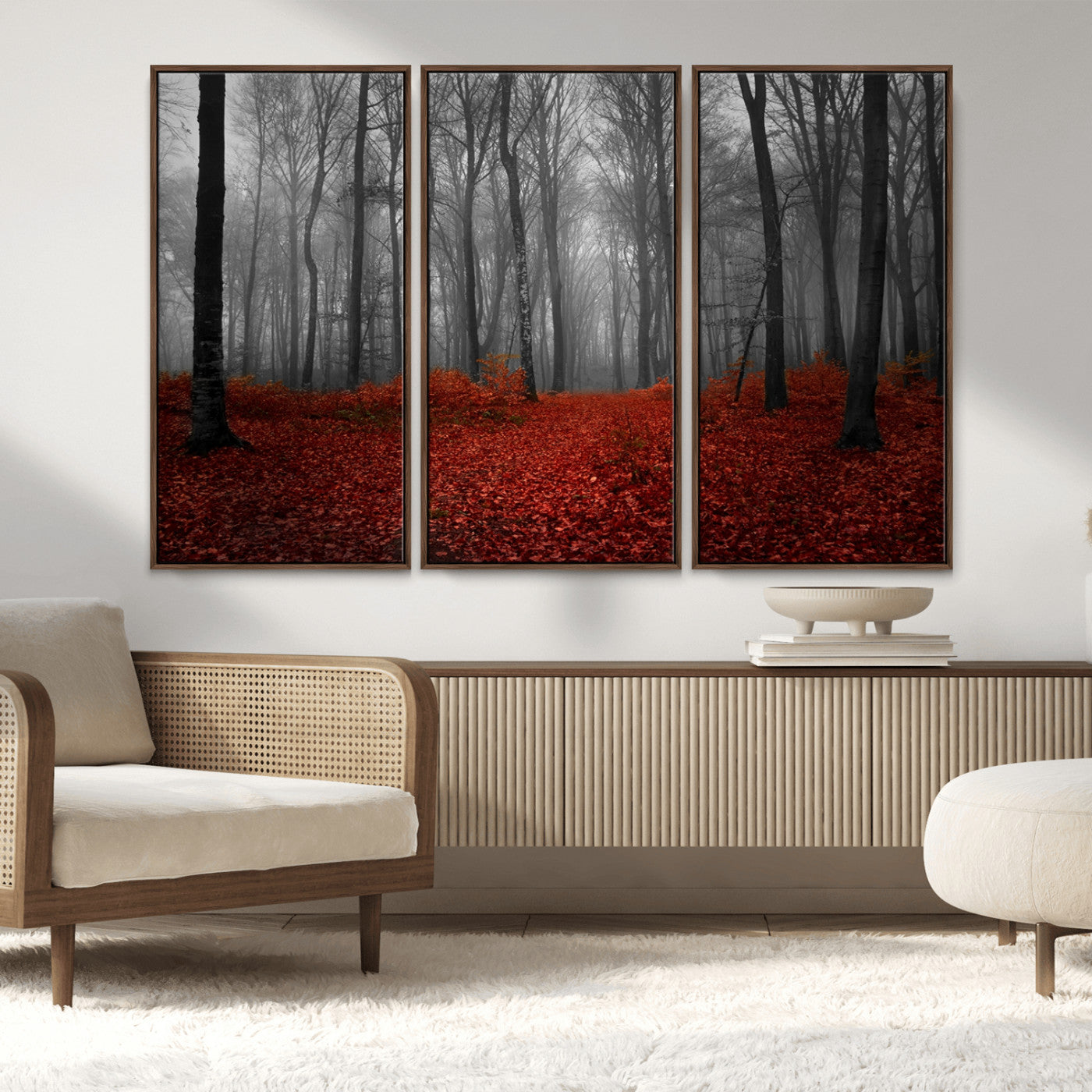 MGV-FC-48X32-3P - Red Forest Floor Canvas Wall Art – Mystical Foggy Woodland Triptych – Nature-Inspired Decor for