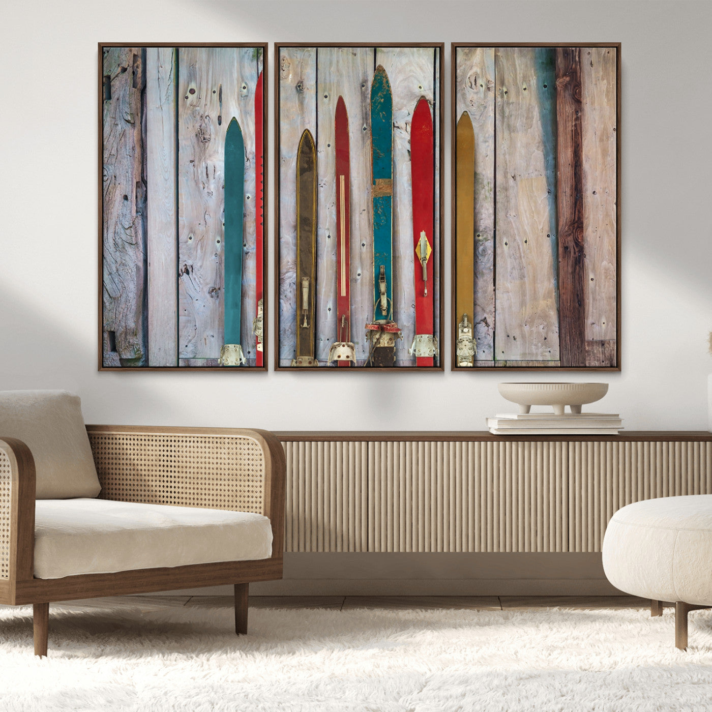 MGV-FC-48X32-3P - Vintage Wooden Weathered Ski's in Front of an Old Barn Wall Art Canvas Print for Farmhouse, Cabin