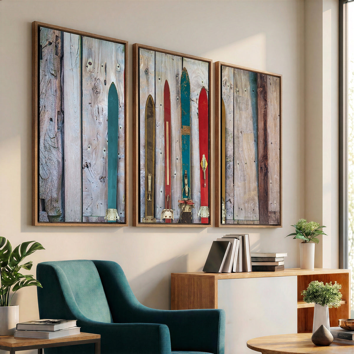 30640-MGV-CV-36X24 - Vintage Wooden Weathered Skis in Front of an Old Barn Wall Art Canvas Print