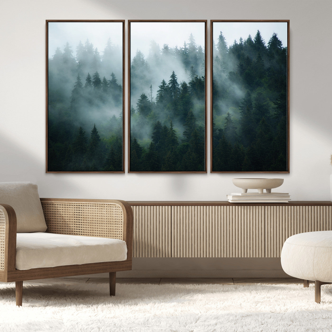 MGV-FC-48X32-3P - Foggy Forest 3-Panel Canvas Wall Art | Large Giclée Nature Scene Print for Living Room, Office, or