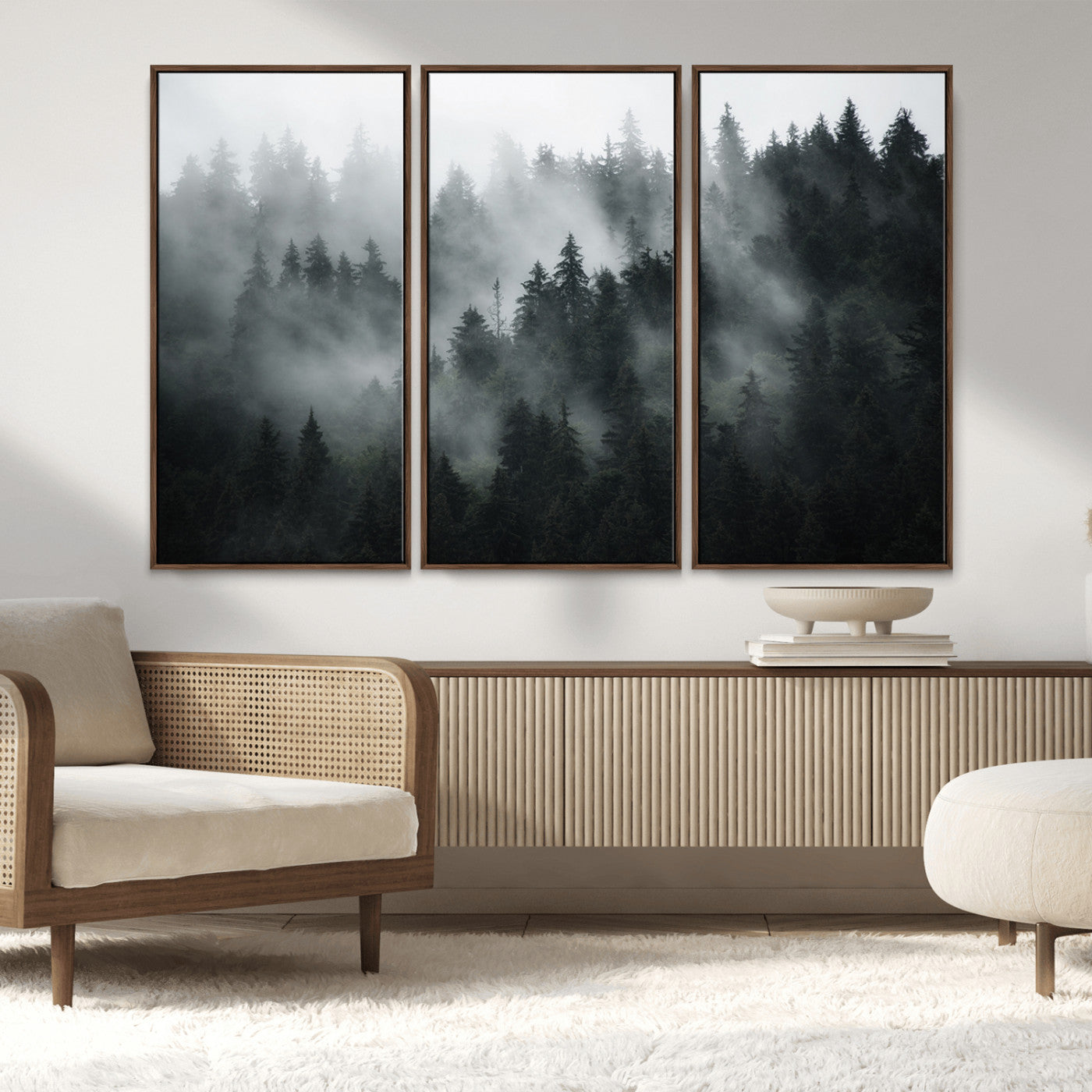 MGV-FC-48X32-3P - Foggy Forest Wall Art Canvas Print | 3 Panel Large Misty Landscape for Dining Room, Office, or