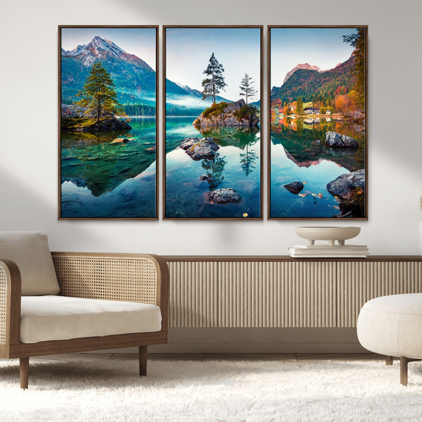 -Crystal Clear Lake Wall Art | Mountains Wall Art Canvas | 3 Panel Large Landscape Print for Dining