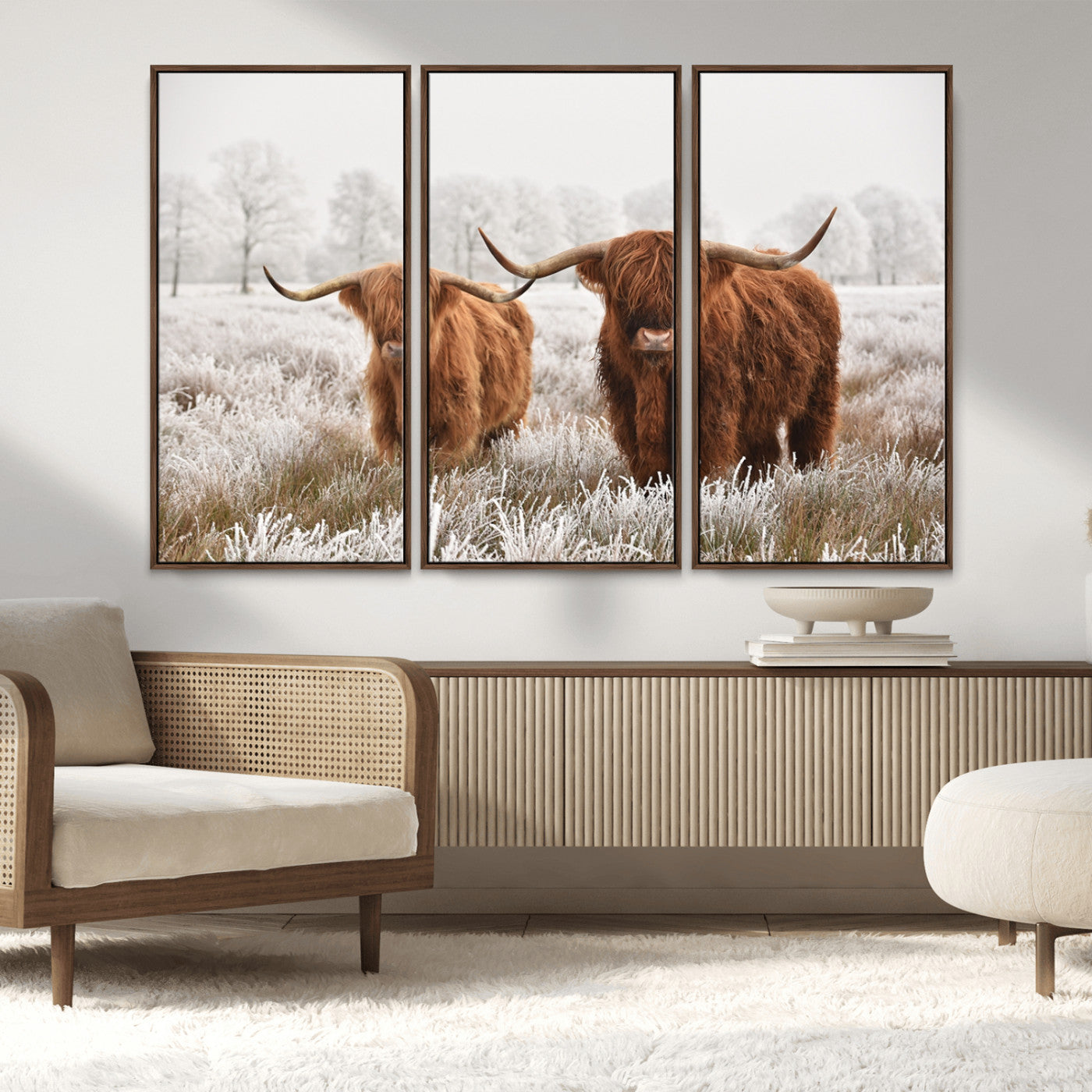 MGV-FC-48X32-3P - Longhorn Cattle Wall Art Canvas Print, Framed Farmhouse Style Art Picture Print, Rustic Cow Perfect Rustic Farmhouse Decor Artwork