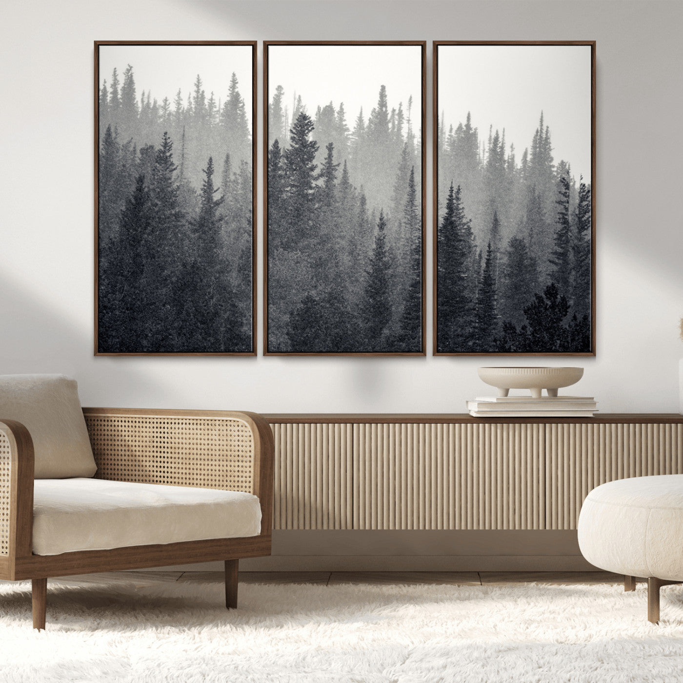 MGV-FC-48X32-3P - Misty Forest Canvas Wall Art – Monochrome Triptych Pine Tree Print – Nature-Inspired Home Decor –