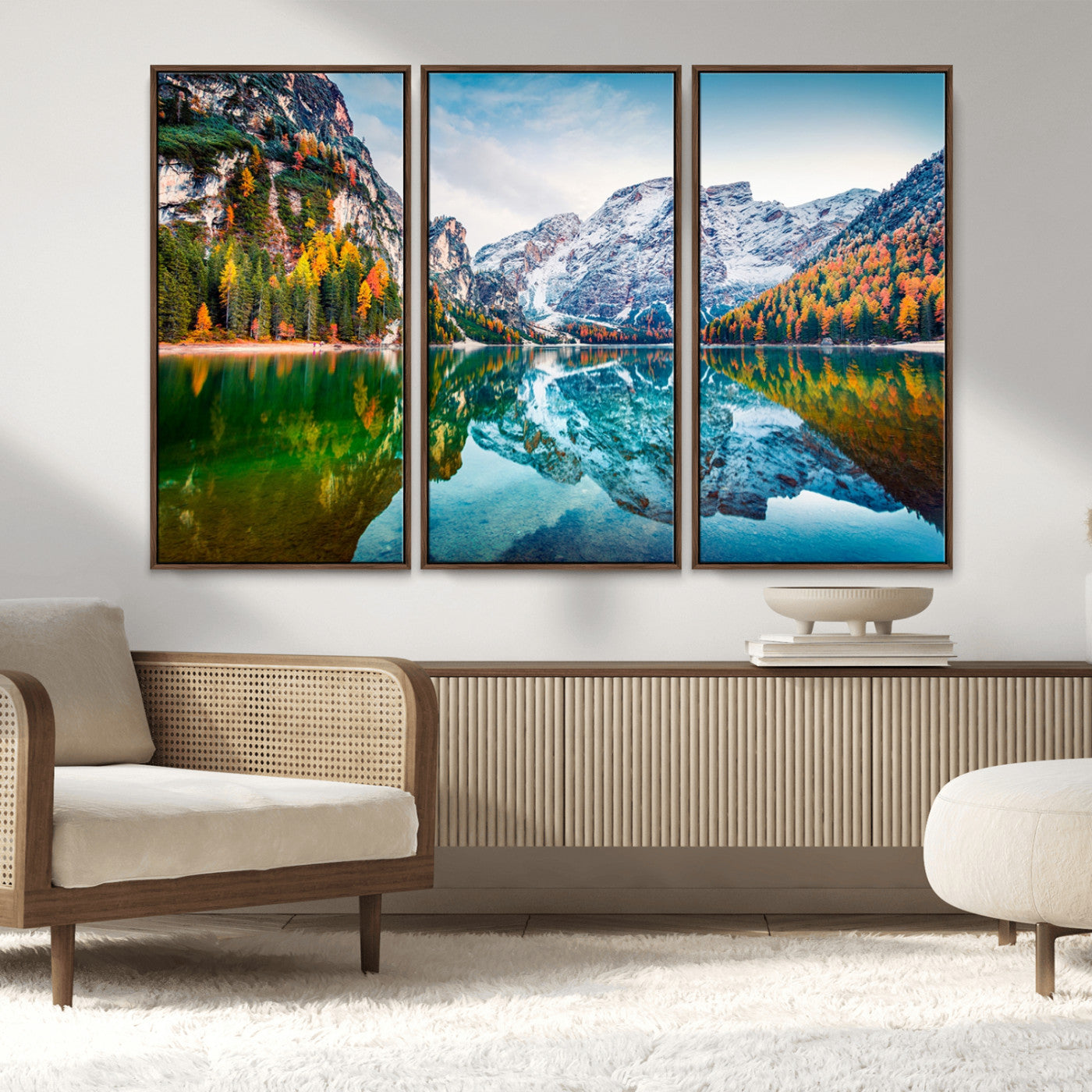 MGV-FC-48X32-3P - Spectacular autumn view of Braies Lake Wall Art Canvas Print