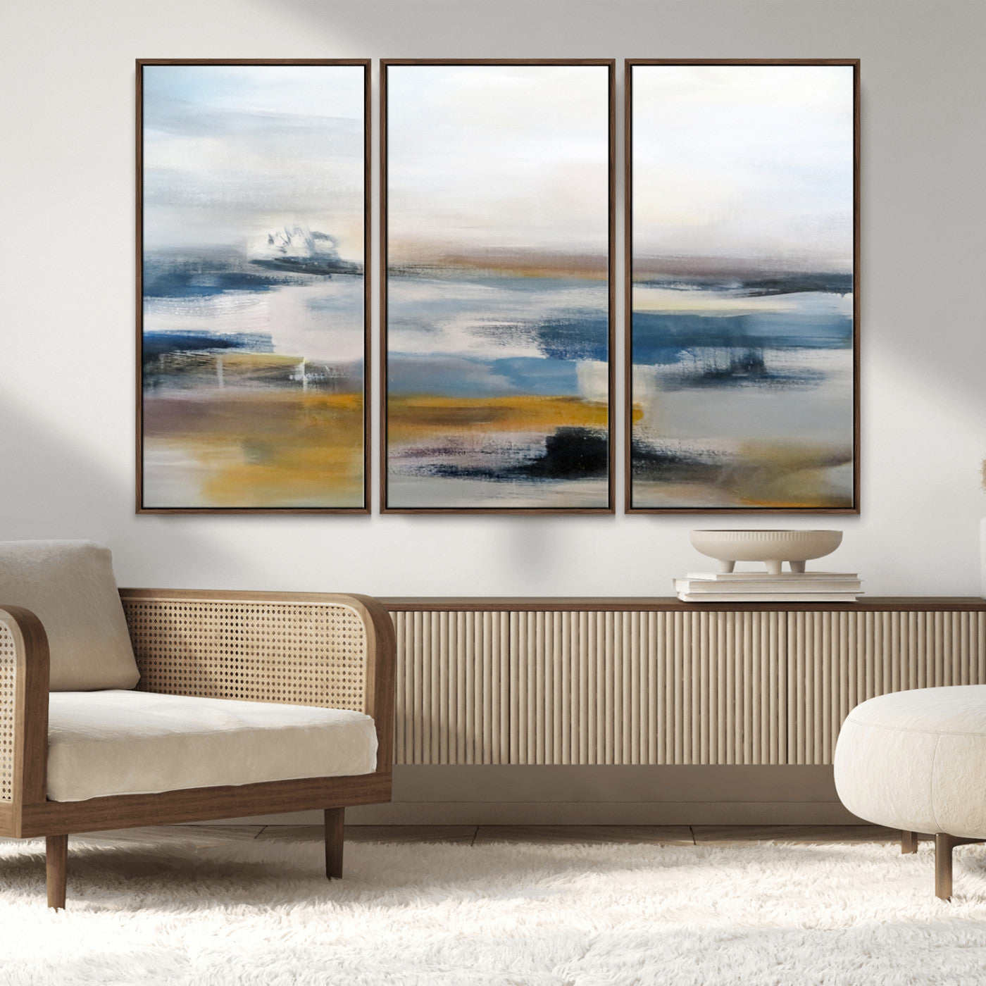 MGV-FC-48X32-3P - Abstract Landscape Wall Art Canvas | 3 Panel Modern Blue, Gold, and White Canvas Art for Living