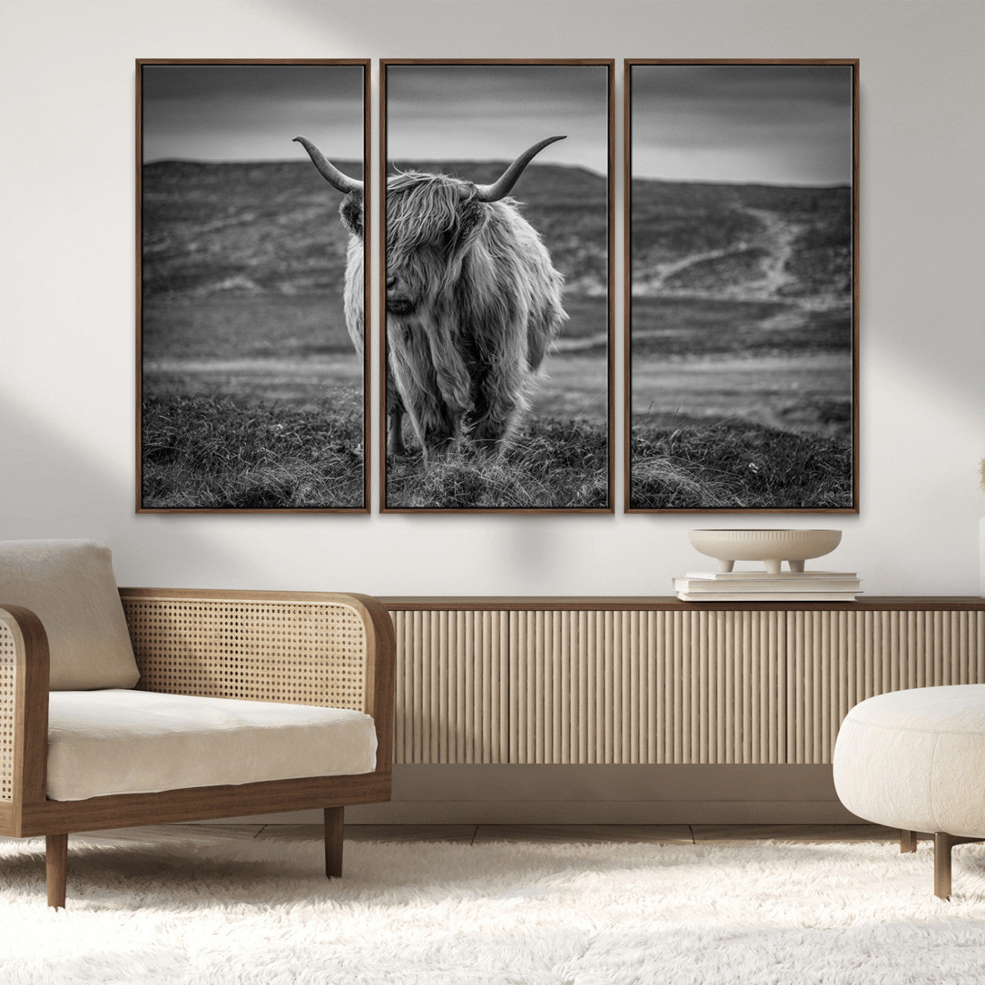 MGV-FC-48X32-3P - Fluffy Cattle Wall Art Print, Highland Cow Canvas, Framed Black and white Wall Art