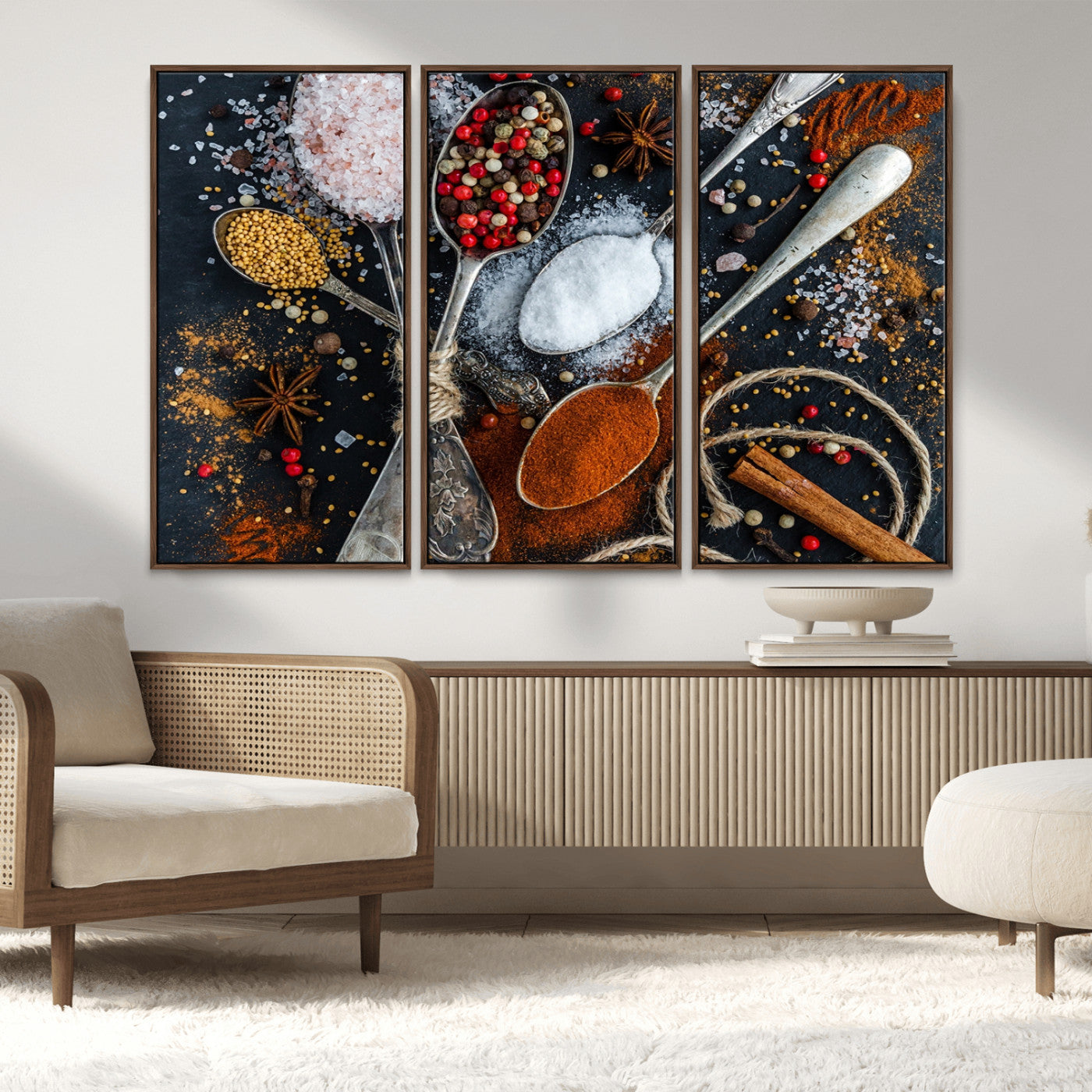 MGV-FC-48X32-3P - Spices and Seasonings Canvas Wall Art – Colorful Triptych Kitchen Decor – Culinary Art for Dining