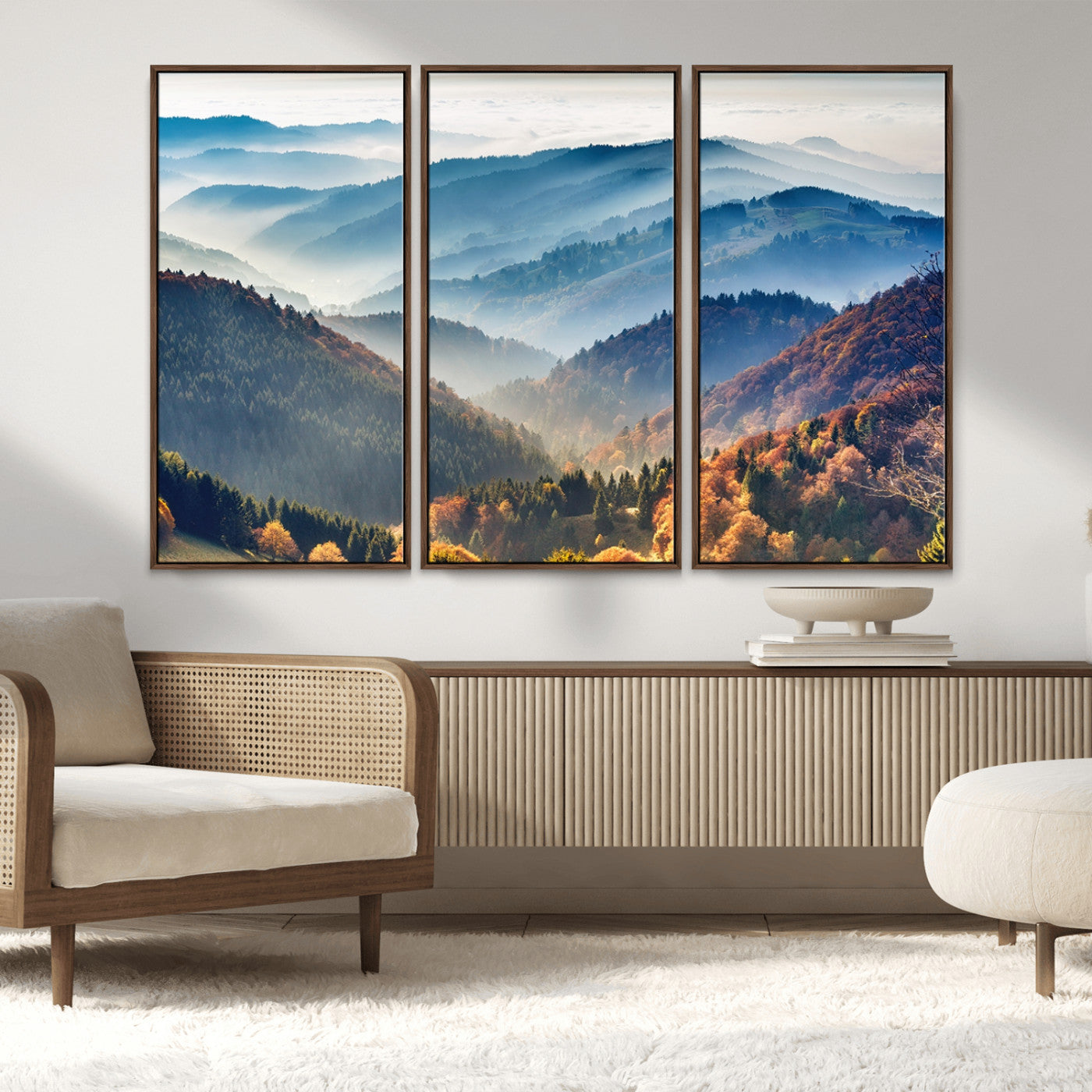 MGV-FC-48X32-3P - Misty Mountain Sunrise Triptych Canvas Print – Autumn Landscape Wall Art – Scenic Nature Decor –