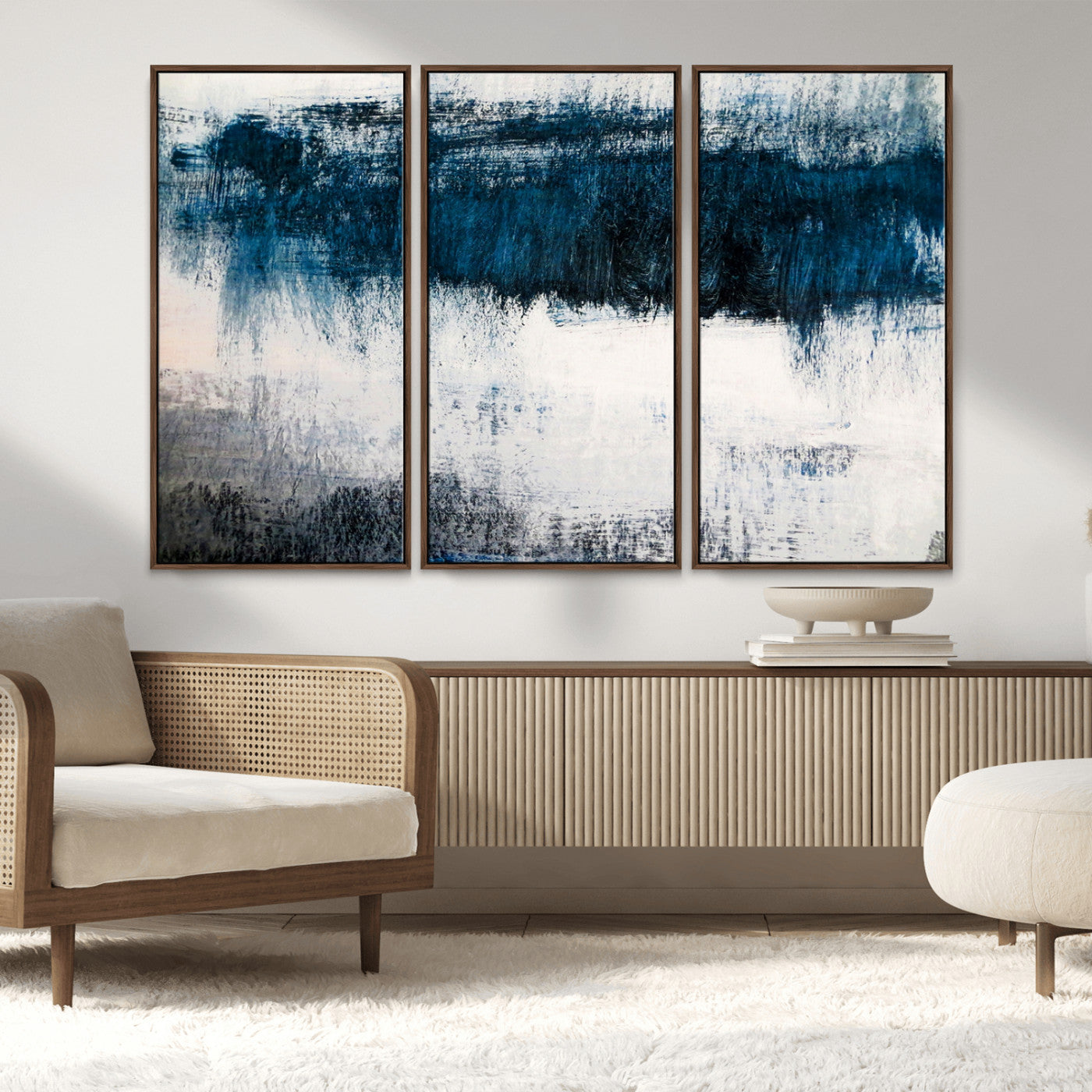 MGV-FC-48X32-3P - Abstract Blue and White Canvas Art | Large Wall Art for Modern Living Room Decor | Minimalist