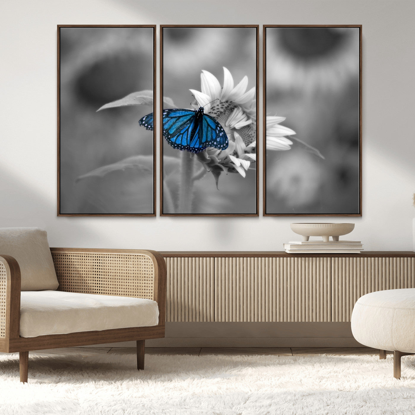 MGV-FC-48X32-3P - Blue Butterfly Black and White Canvas Wall Art