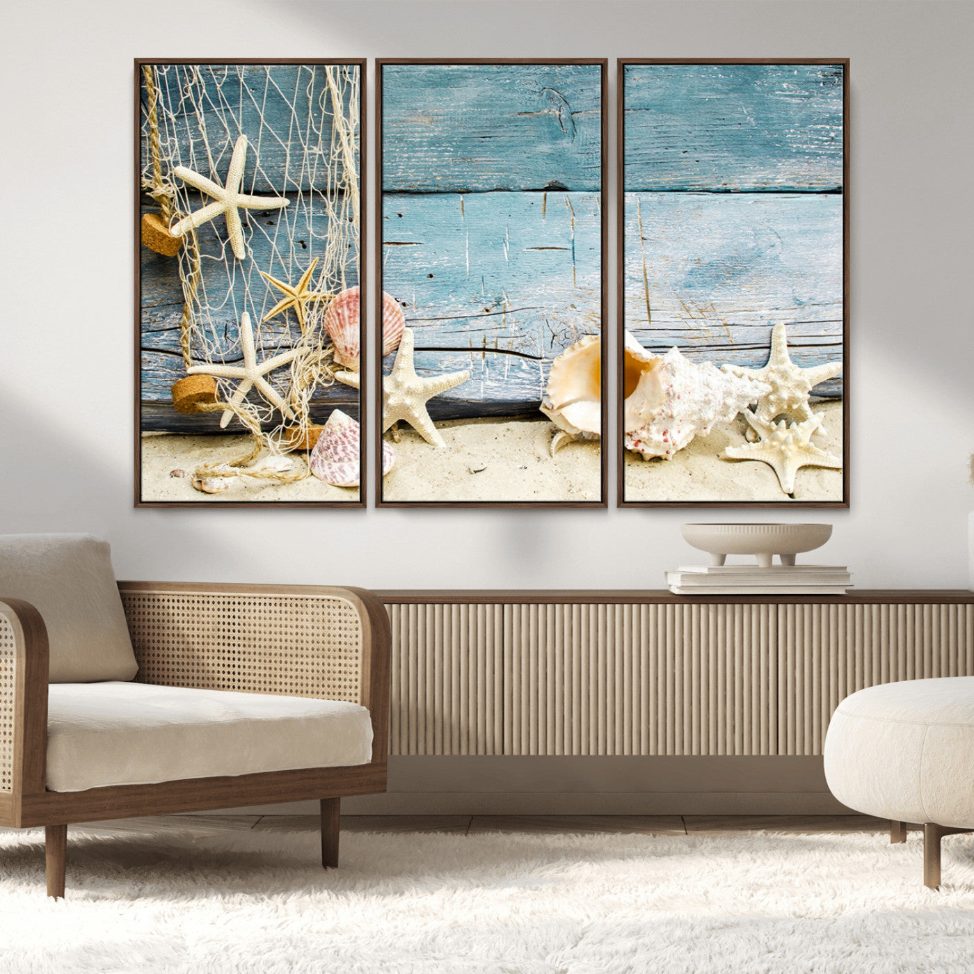 MGV-FC-48X32-3P - Seashells on Rustic Wooden Background, Seashells Wall Art Canvas Print