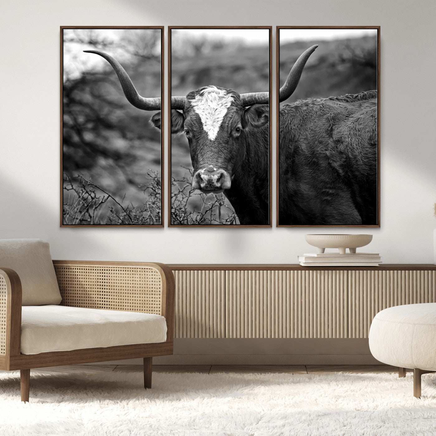 MGV-FC-48X32-3P - Western Home Wall Art Canvas Print, Framed Texas Longhorn Art Picture Print, Rustic Cow Perfect Rustic Farmhouse Decor Artwork