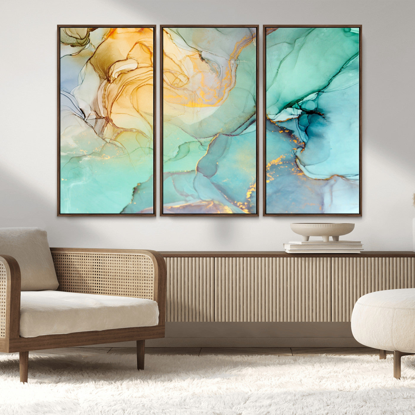 MGV-FC-48X32-3P - Abstract Aqua and Gold Fluid Wall Art Canvas | 3 Panel Large Canvas Print for Living Room, Office,