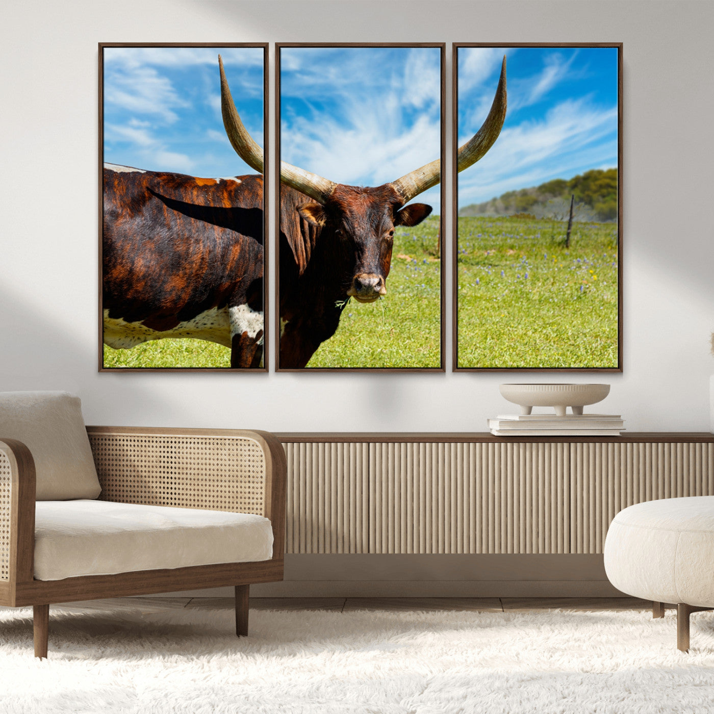 MGV-FC-48X32-3P - Longhorn and Cow Wall Art, Country Cow Wall Decor Canvas Print