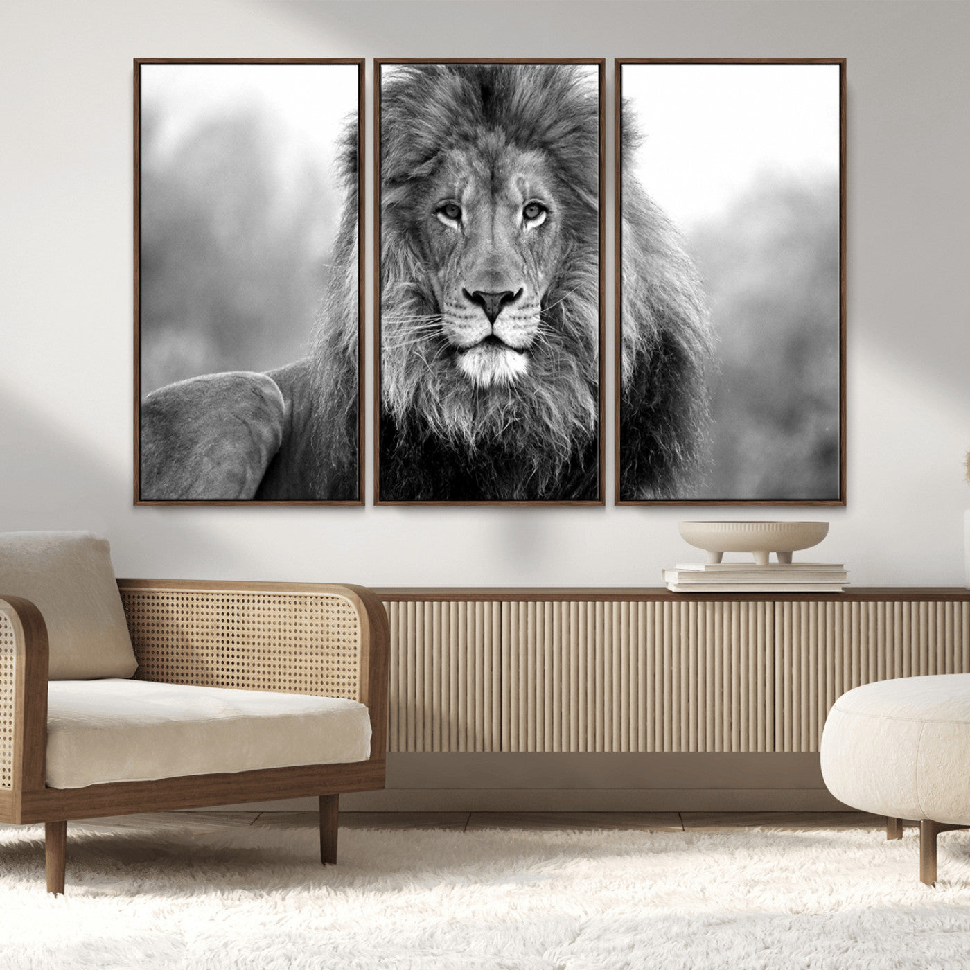 MGV-FC-48X32-3P - Black and White Lion Canvas Wall Art Animal Print